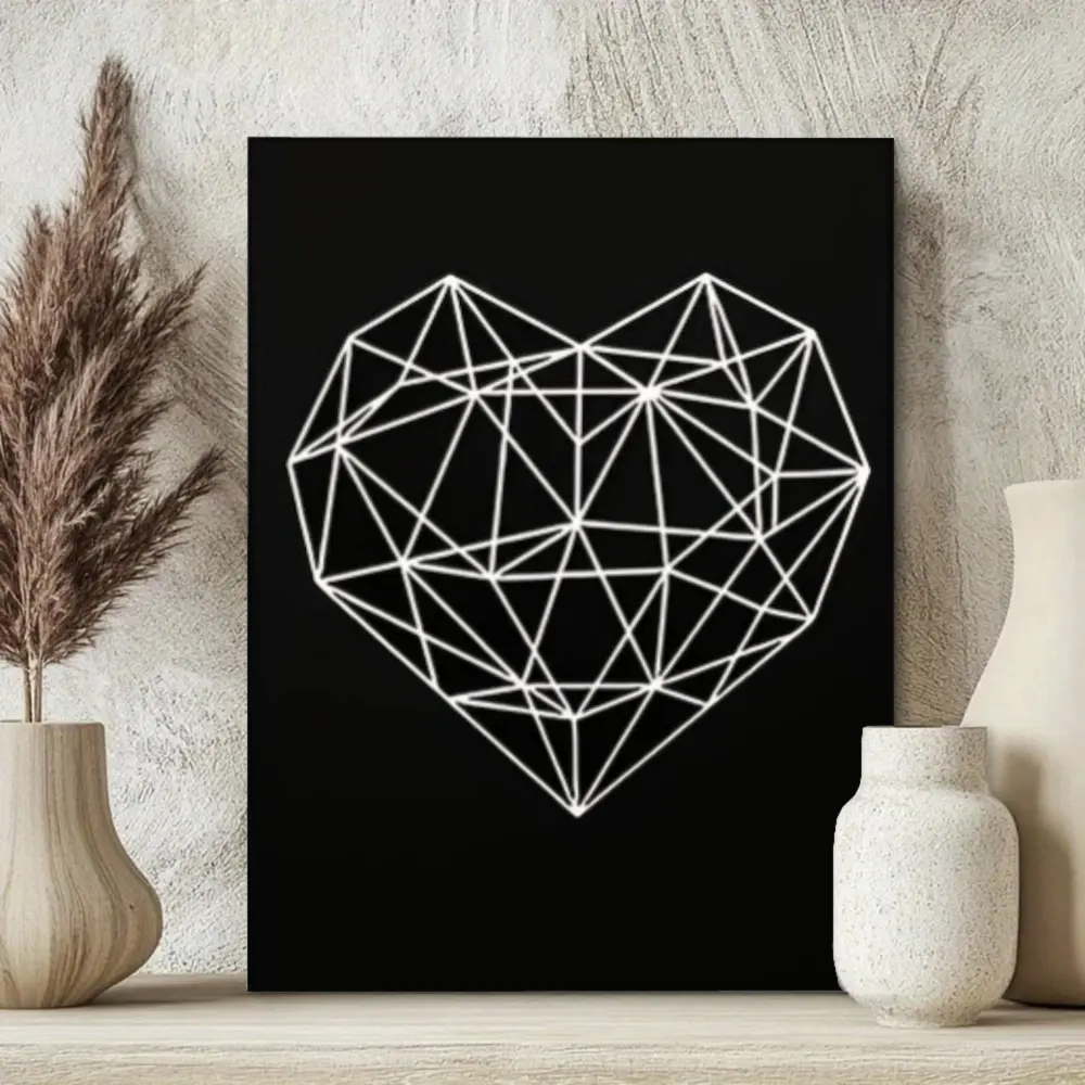Modern Minimalist, Wall Art Canvas Print, Geometric White Line Heart Design On Black Background, High Definition Giclee Printing On Premium Cotton Canvas, Contemporary Living Room Bedroom Home Decor Gift, 1 Piece Unframe