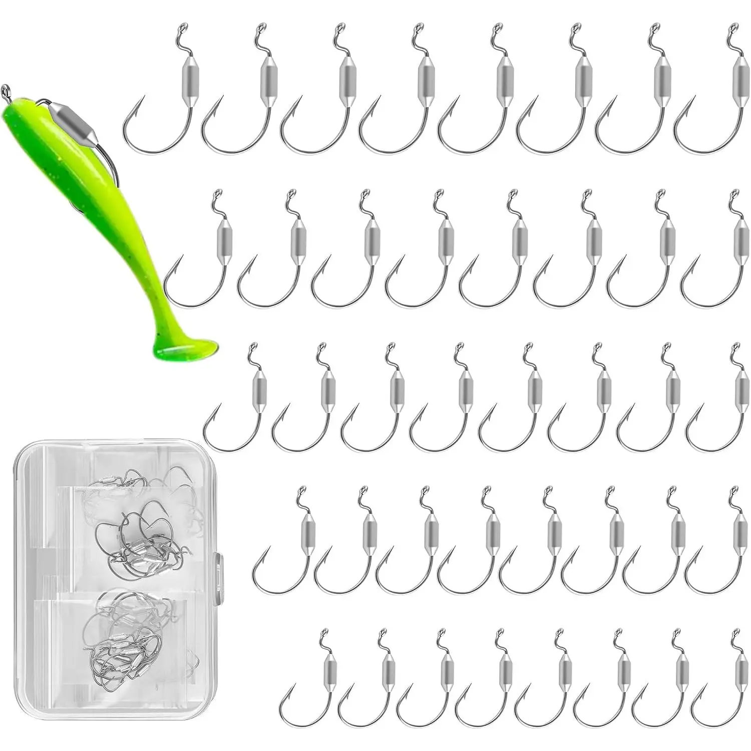 40 count Weighted Swimbait Hooks Set with Box, EWG Weedless Weighted Fishing Soft Lures Hook, Saltwater Freshwater Worm Fishing Hooks for Bass Walleye Catfish, 1#, 1/0, 2/0, 3/0, 4/0, 8 count Each Size