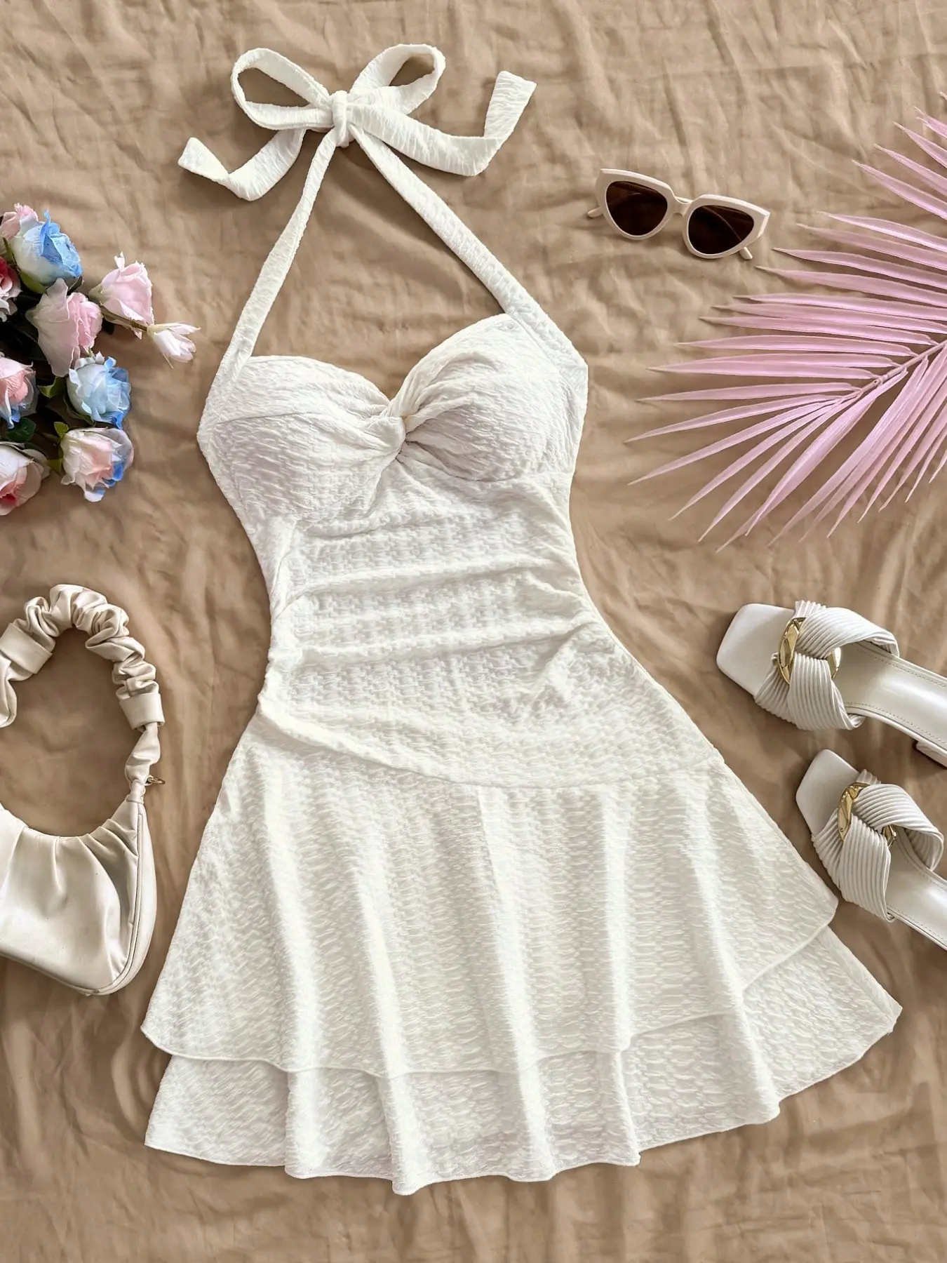 Women Backless Halter Neck Sleeveless Double Hem Crinkle Flowy Mini Dress, Bohemian Style Chic Feminine Breathable Comfort Casual Cocktail Summer Dress, Suitable for Daily Outings, Dates, Beach Vacations and Parties