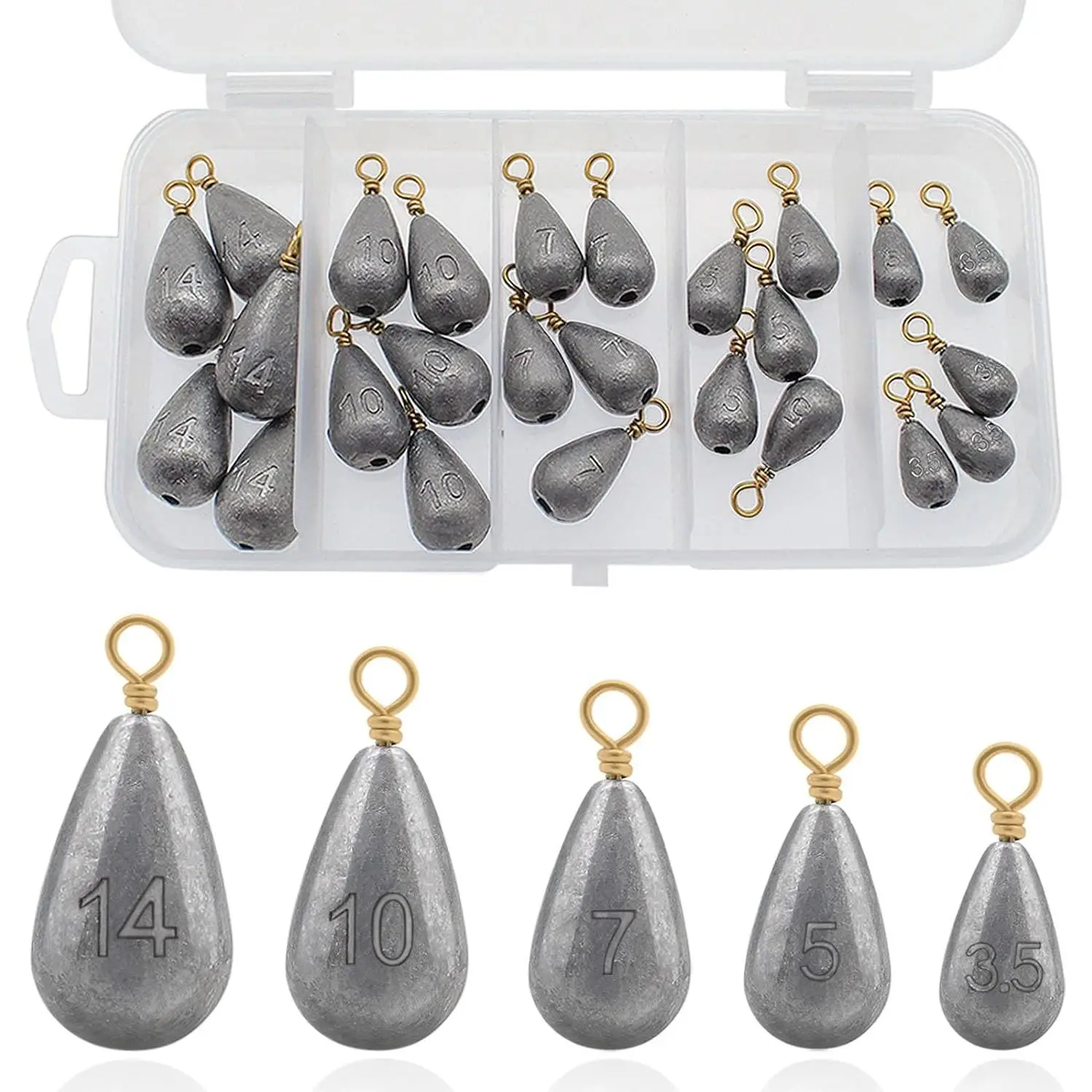 Fishing Weights Sinkers Kit, 5 Sizes 25 count Bass Casting Drop Shot Weights Lead Fishing Weights for Catfish Saltwater Freshwater