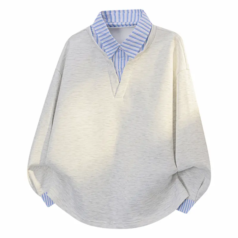 Men's fake two-piece long-sleeve sweatshirt with striped lapel collar, featuring spliced layered shirt collar design. Crafted from fine, skin-friendly knitted fabric in Japanese casual style, suitable for daily commuting and outdoor outings.