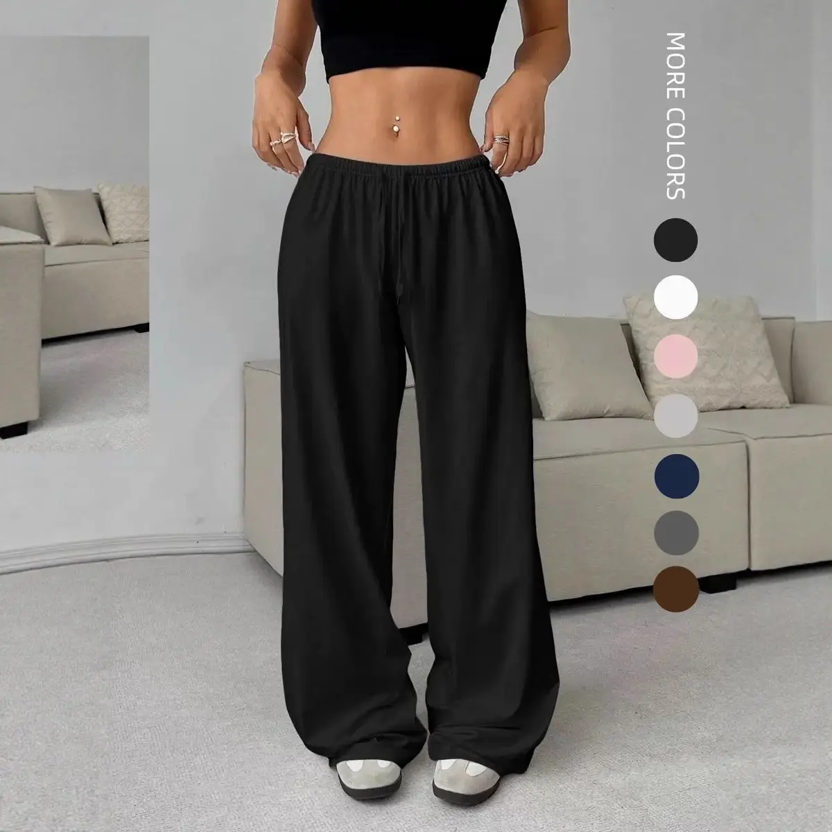 Women's Solid Casual Wide-Leg Long Pants - Elastic Drawstring Waist, Loose Draping Minimalist Clothes for Ladies, Plus Size Daily Wear Commute & Shopping