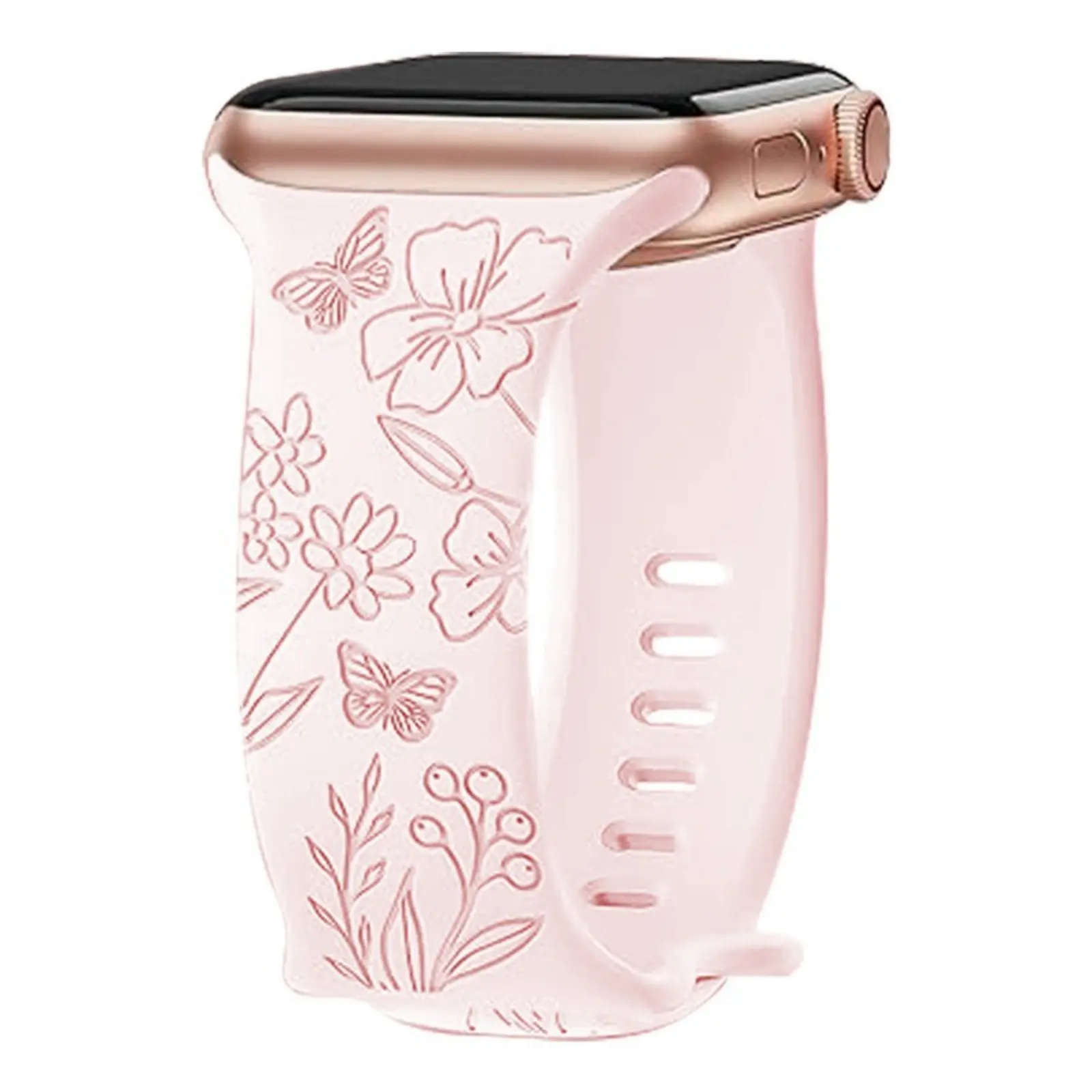 Apple Watch Silicone Band for Women, Trending Floral Butterfly Embossed Watch Strap, Elegant Engraved Flower Pattern Replacement Wristband, Soft Breathable Watch Band for Spring Dating Daily Casual Wea