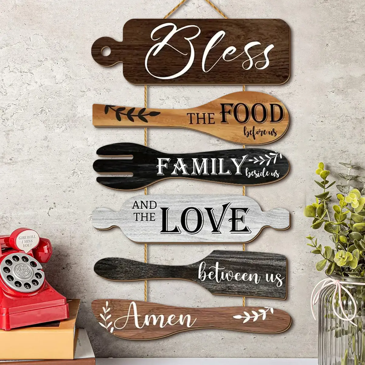Rustic Kitchen Wooden Hanging Sign, Bless The Food Before Us Family Love Amen Farmhouse Wall Decor, Fork Spoon Shape Wooden Plaque Wall Art for Dining Room Home Decoration