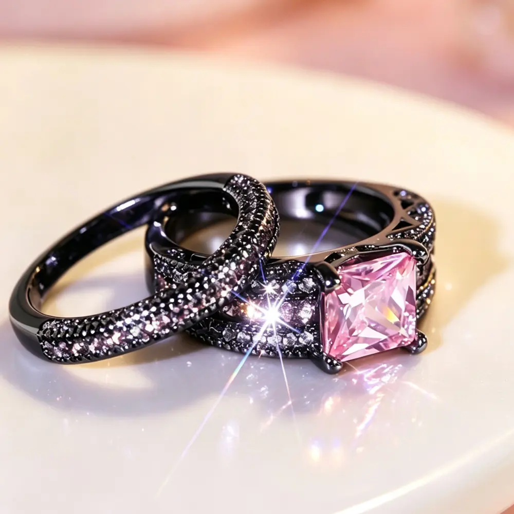 Stackable Bridal Ring Set, Princess Cut Pink Stone Halo with Side Accents, Two Piece Design for Engagement & Weddings
