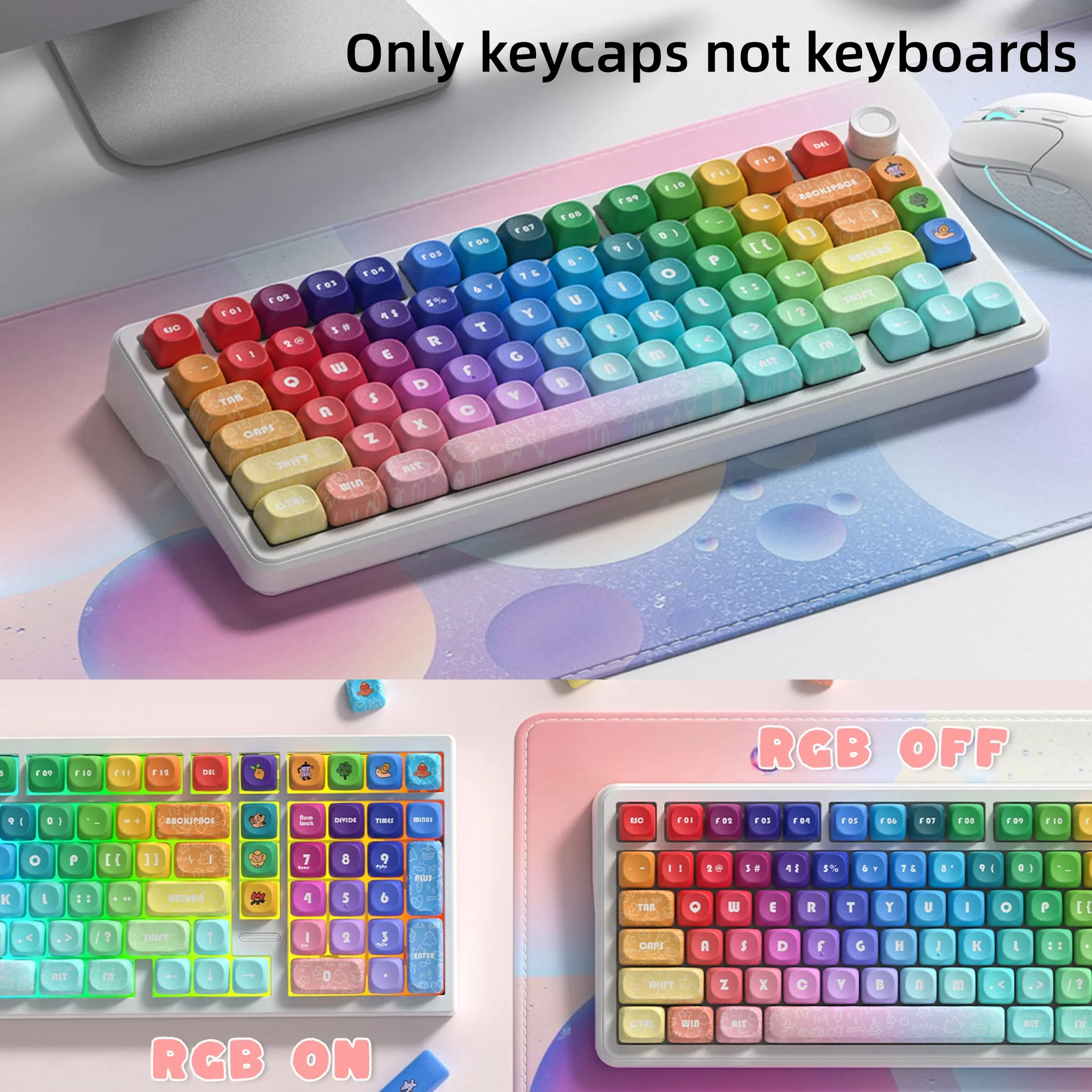 MOA Profile PBT Keycaps, 131 Keys Dye-Sublimation Custom Keyboard Keycaps Cute Rainbow Key caps for Cherry Gateron MX Swithes Mechanical Keyboards, OEM Profile Keycap