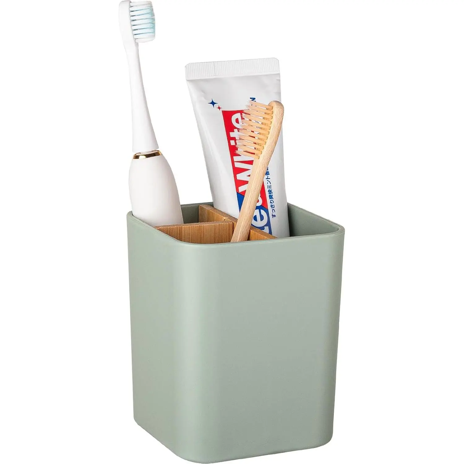 Bamboo Toothbrush Holder for Bathrooms, 3 Slots  Toothbrush and Toothpaste Holder Bathroom Countertop Organizer for Electric Toothbrushes, Floss, Razors - Green