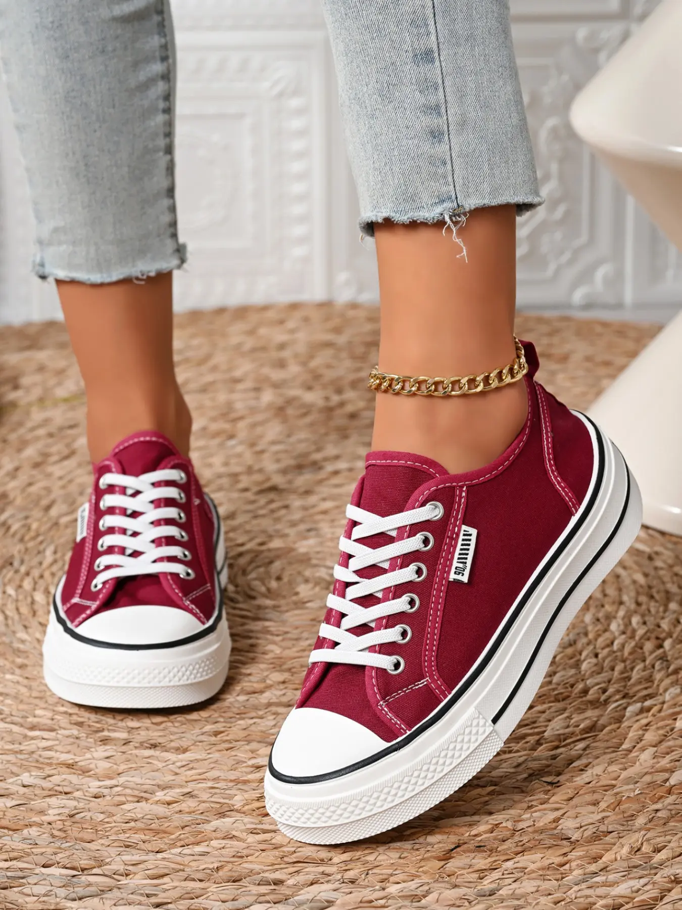 5 Colors Vintage Wine Thick Sole Platform Canvas Shoes for Women, Low Top Casual Sneakers, Breathable Rubber Sole, Trendy Street Style