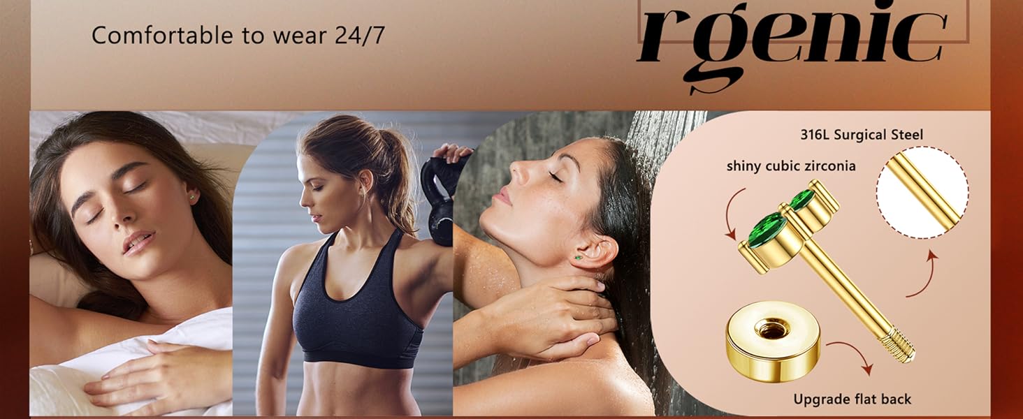 Fashionable  Hypoallergenic Flat Back Earrings Gold Earrings Stacks Set Surgical Stainless Steel Cartilage Earring for Women Dainty Flatback Stud Small Hoop Earring Sets for Multiple Piercing