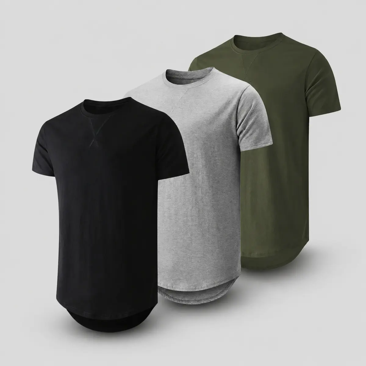 Men's 3-Pack Cotton Hipster Longline Crewneck T-Shirts - Classic Plain Short-Sleeve Tops, Black/Light Grey/Army Green Fabric, Casual Menswear for TikTok Fall Deals, Polyester, Casual Chic, Elastic Blend, Pack Deal