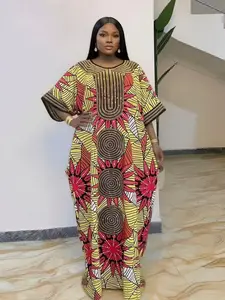New high-end party rhinestone loose large-size casual ethnic boubou kaftan women's dress, elegant and classy, plus-size party, holiday, daily wear, women's beach vacation summer dress with scarf and pockets 2026