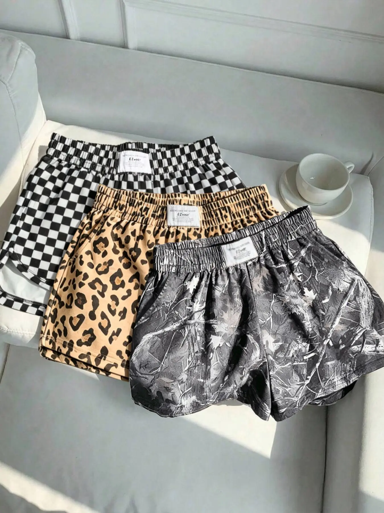 3-piece set, retro checkerboard pattern+sexy leopard print full print shorts, elastic waist loose casual sports shorts, women's summer daily beach vacation and versatile wear on the street, Casual Chic Summer Plaid Shorts