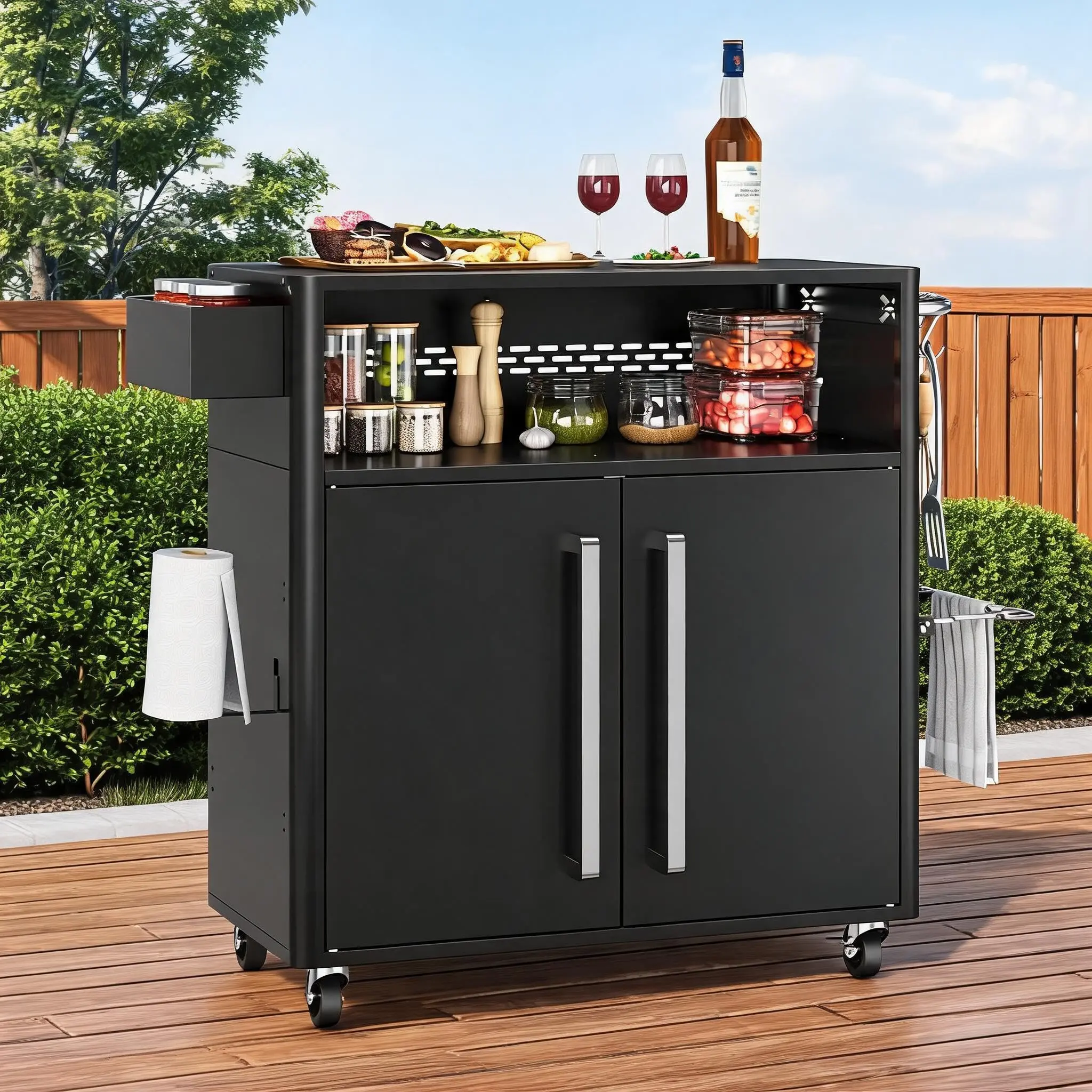 GARVEE Outdoor Grill Cart with Stainless Steel Food Prep Table, Cabinet, Open Shelves, Hooks, and Spice Rack - Ideal BBQ Cart for Patio, Backyard, and Deck