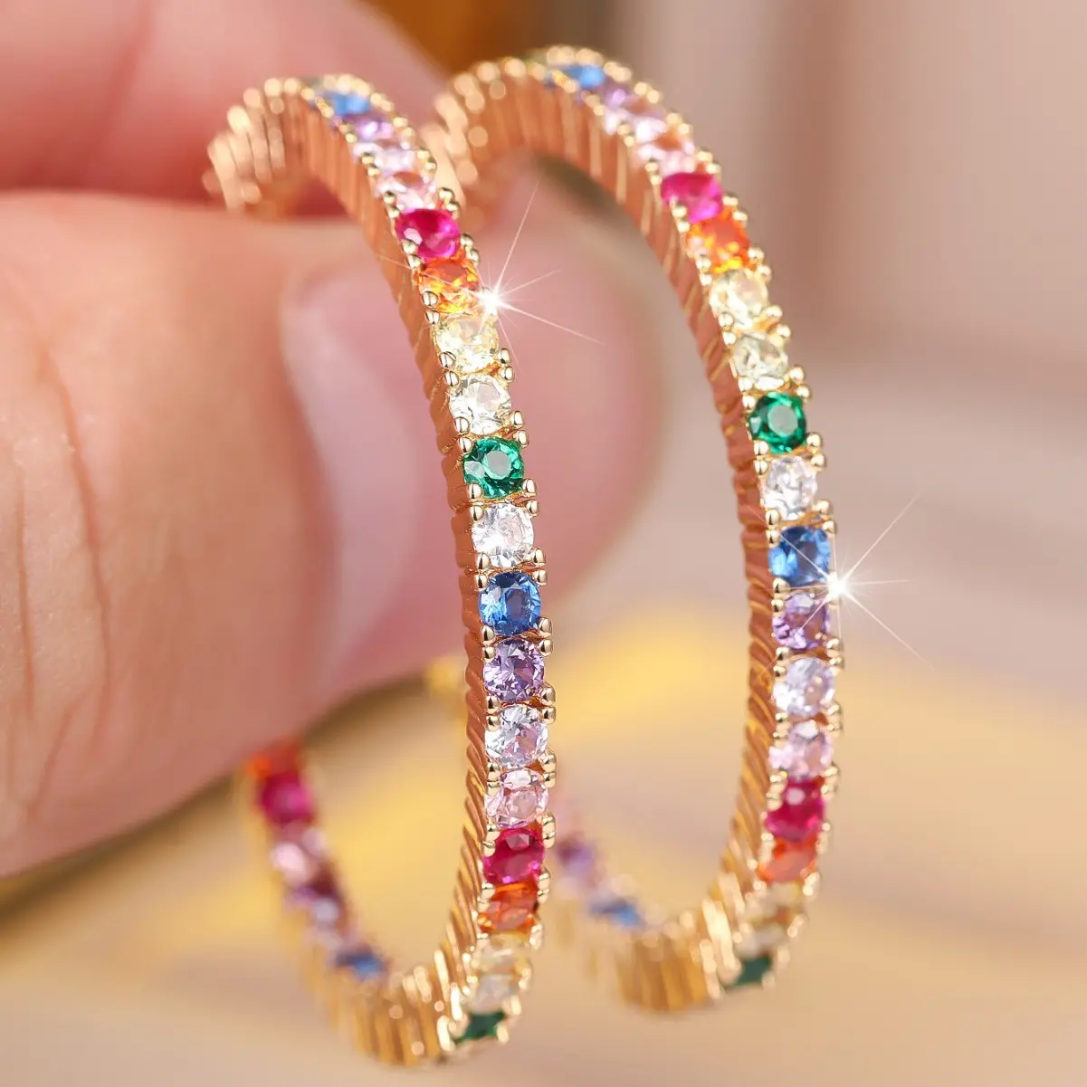Ins Fashion Rainbow Zircon Large Hoop Drop Earrings European Luxury Full Paved Colorful Gemstone Hoop Earrings Sweet Girl Statement Jewelry