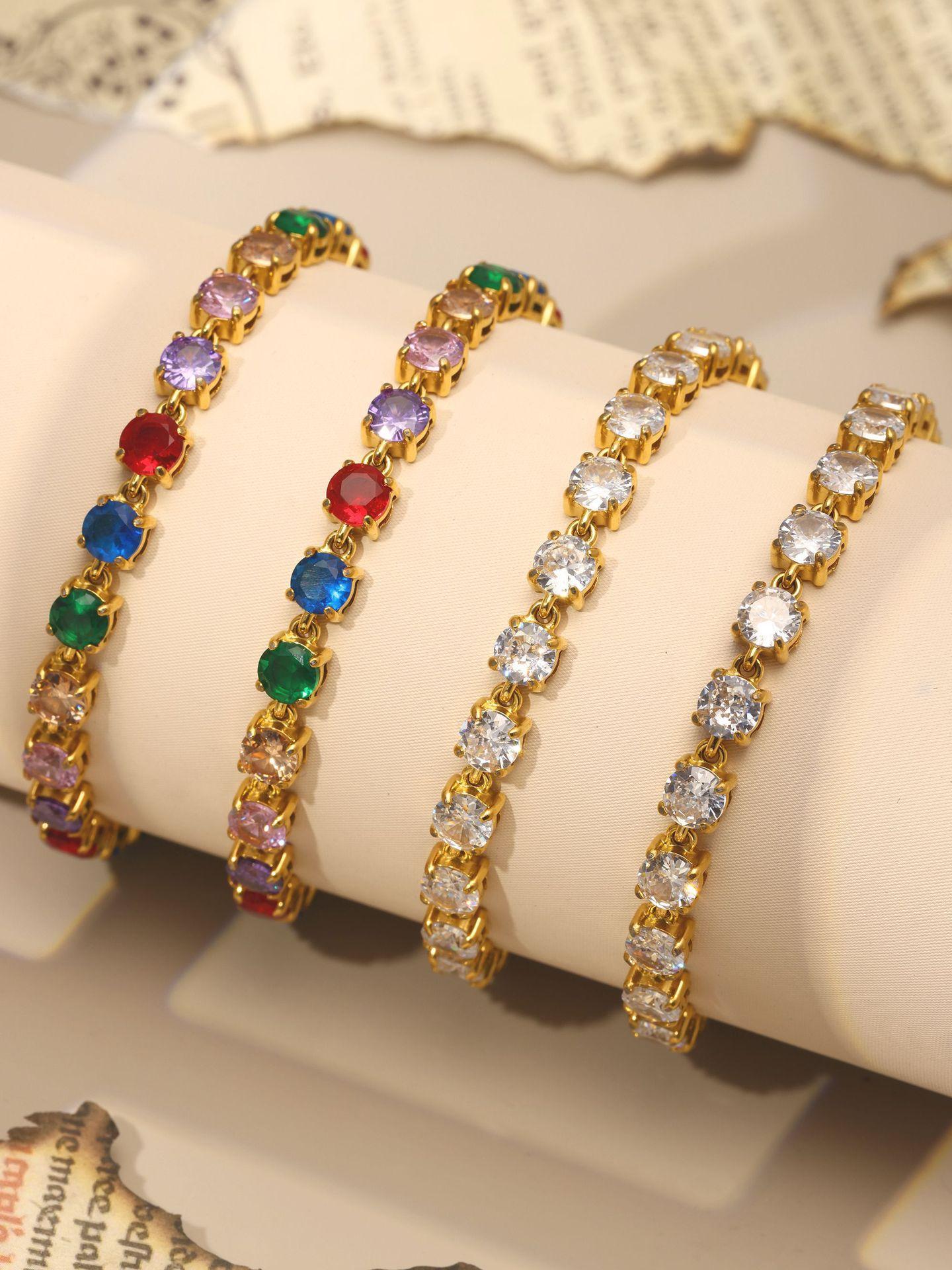 Handmade Prong Setting 5mm Colorful Zircon Shiny Bracelet & Necklace Set, 18K Gold Plated Luxury Jewelry