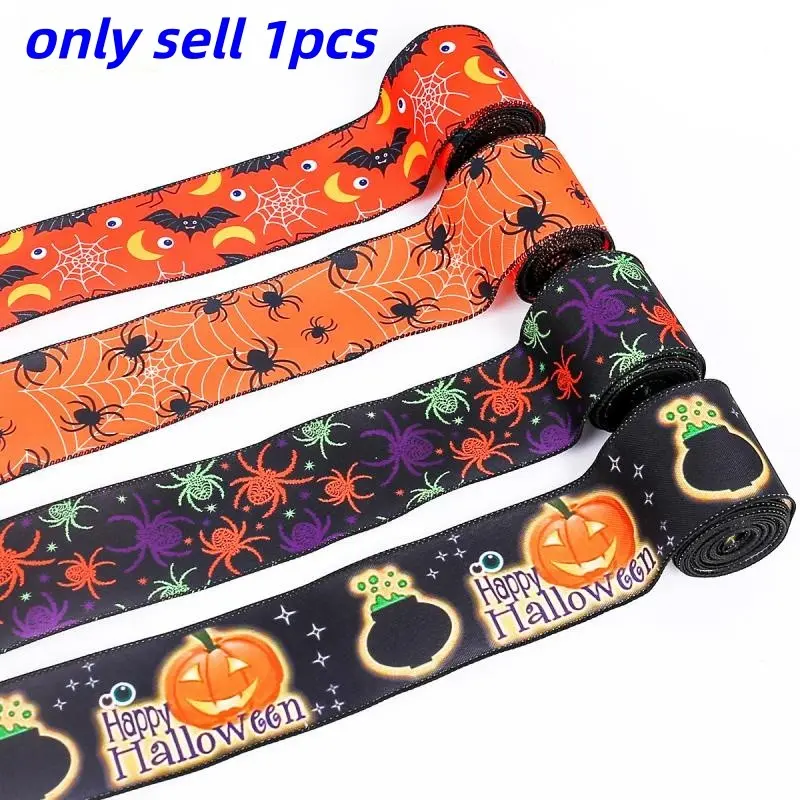 Halloween Print Ribbon, Spider Web Wire Ribbon, Colorful Polyester, Home Party Decor, Packaging and Holiday Decoration, Halloween Decor, Gift Wrapping Decor