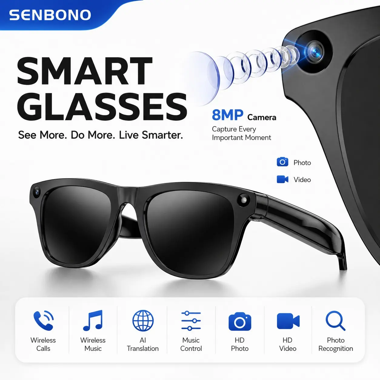 SENBONO Smart Glasses, Multi-Function, 8MP Camera Photo, Video, Audio, Bluetooth-compatible, Ai Translation, Android & iOS Compatible, Ideal for Work, Study, Travel