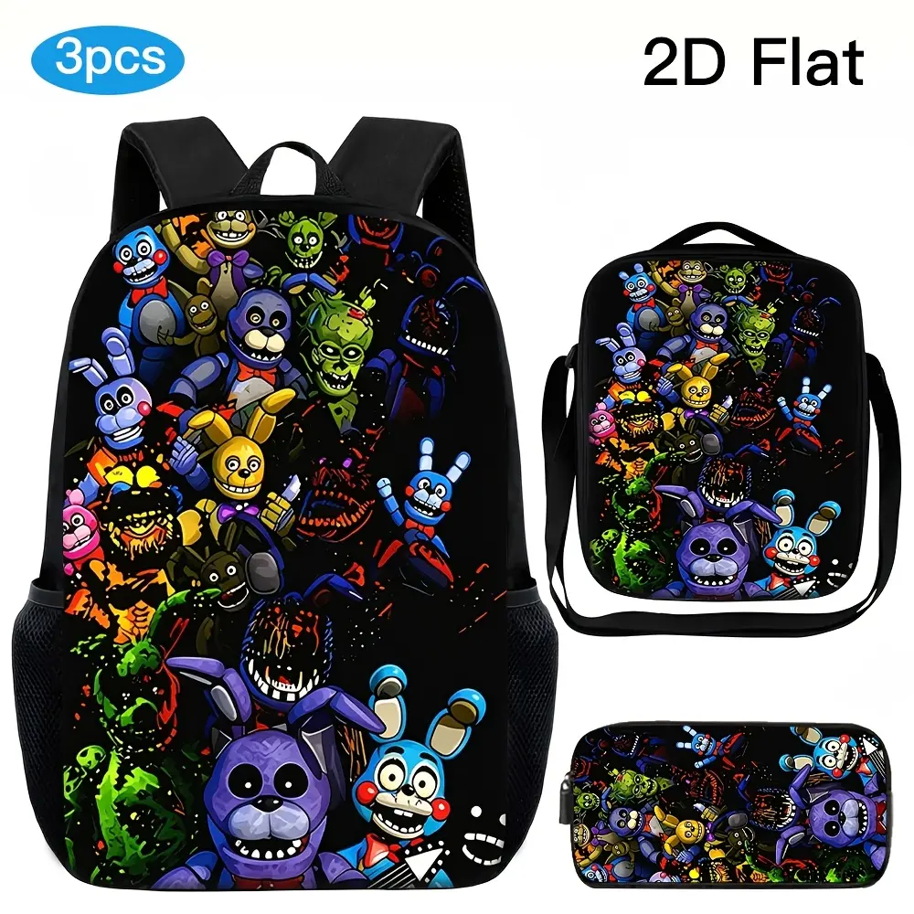 5 Nights at Freddy's 3-Piece High-Capacity Gaming Backpack Set - Dark Design with 2D Character Print, Adjustable Shoulder Straps, Zippered Closure