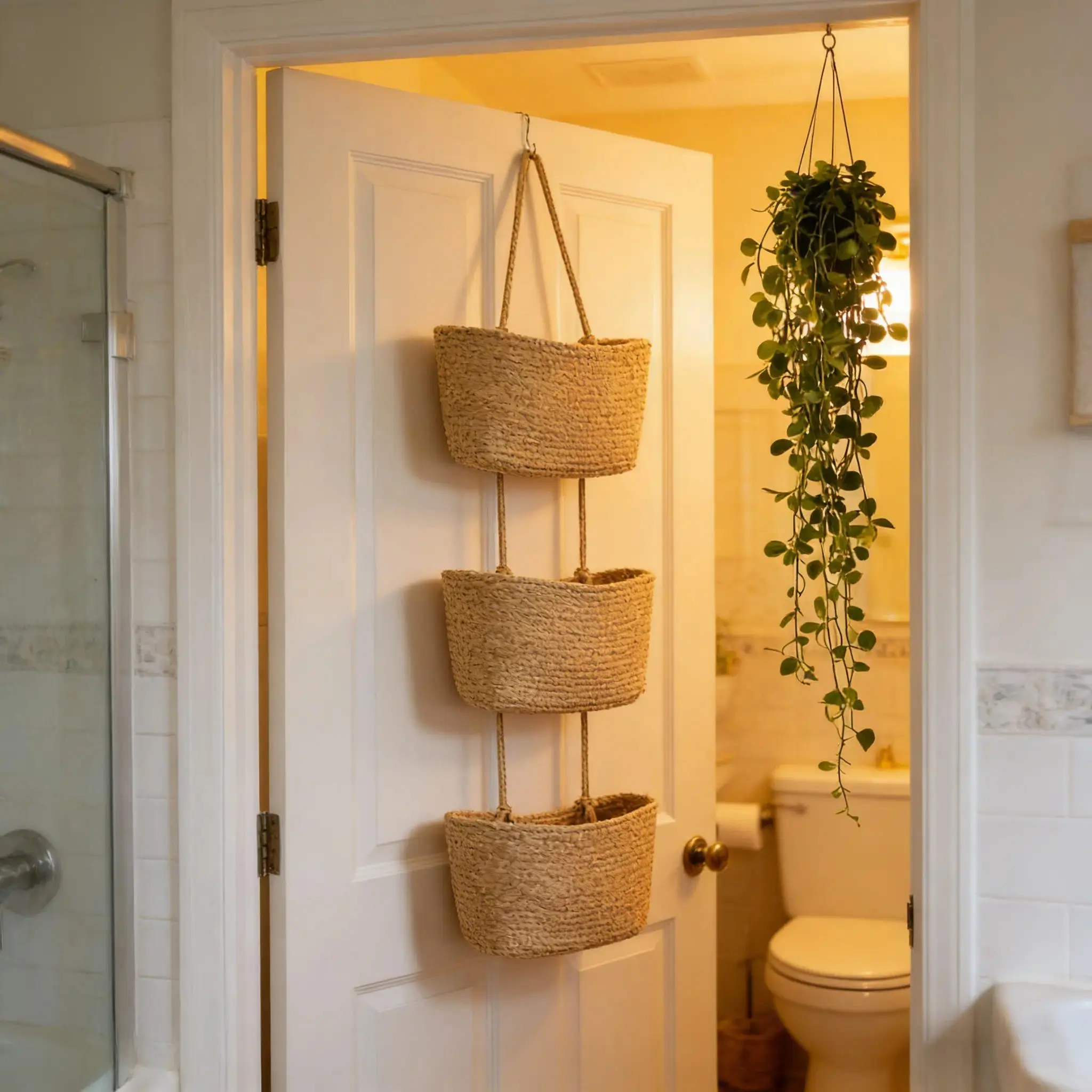 Woven Cotton 3-Tier Wall Basket, Handmade Hanging Storage Organizer for Over-the-Door Bathroom Storage and Decor,travel essentials,camping essentials, Makeup Storage Organizer