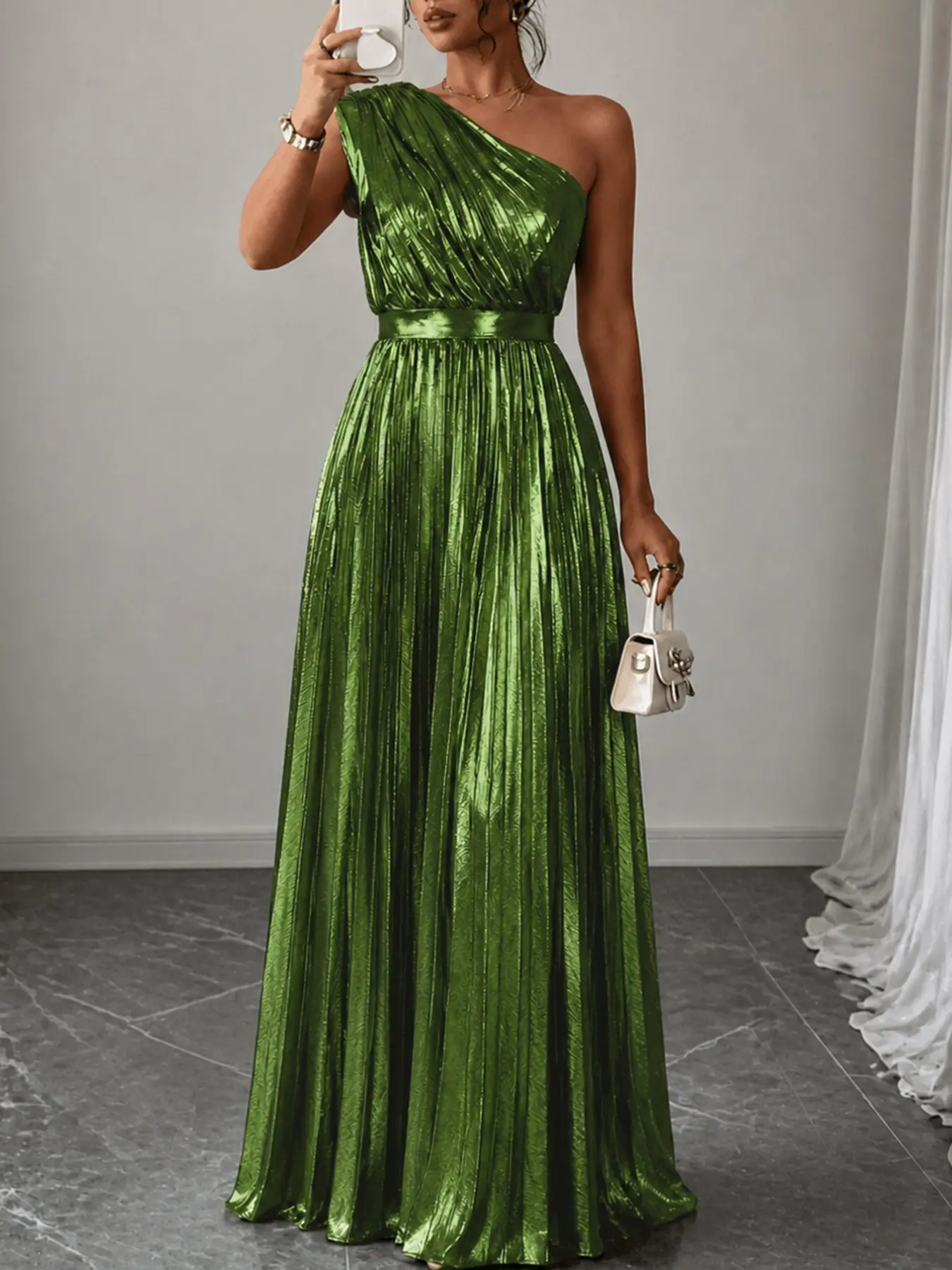 Elegant Women's One-Shoulder Gold Foil A-Line Pleated Maxi Evening Dress, Perfect for Cocktail Parties, Homecoming Dances, and Formal Events, Formal Wear