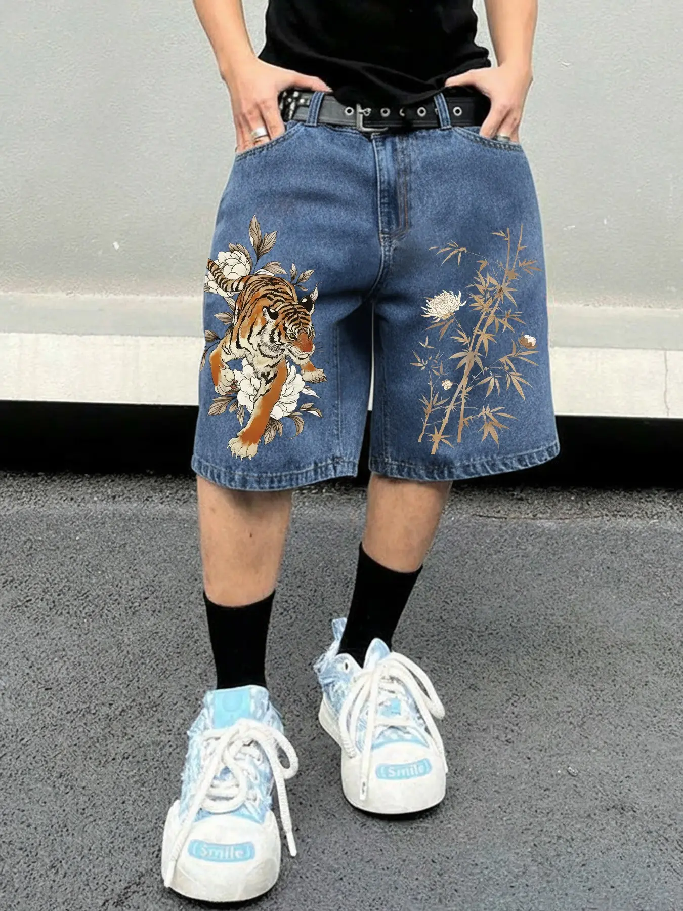 90s Y2K Vintage Japanese Streetwear Baggy Denim Shorts Men Tiger Bamboo Graphic Print Loose Fit Jorts Summer Casual High Street Style Skate Outfit Jean Shorts
