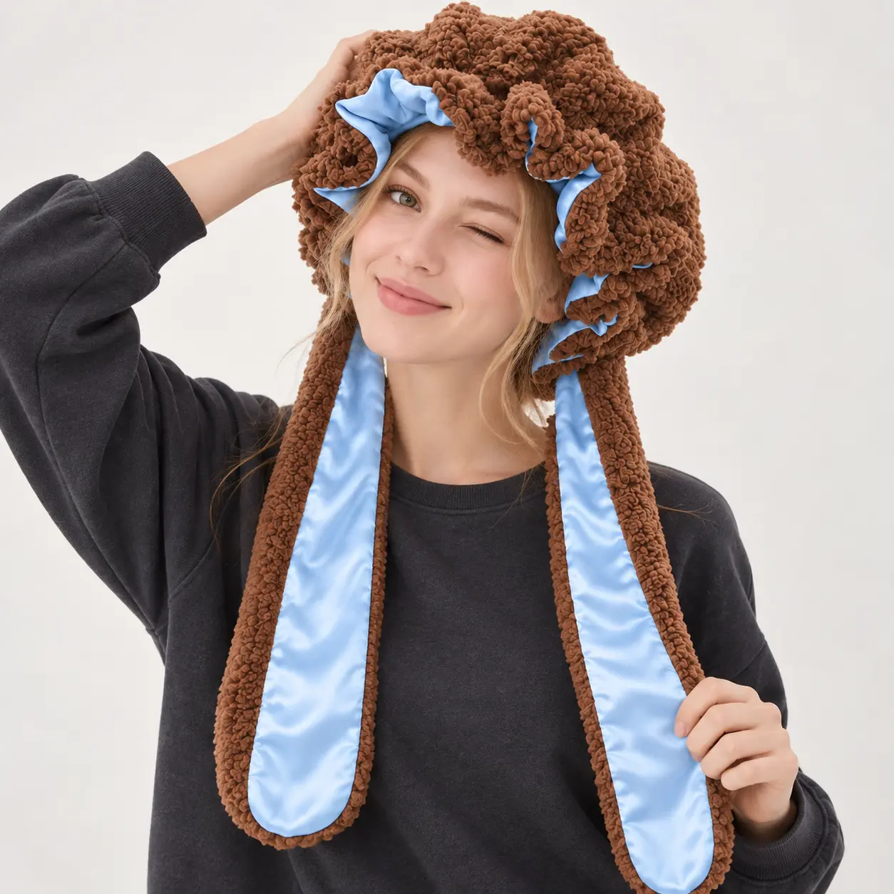 Womens Plush Bunny Ear Sleep Cap Satin Lined Rabbit Ear Bonnet Cute Cosplay Hat Long Ear Design Soft Nightcap Hair Cover for Sleeping Party Costume
