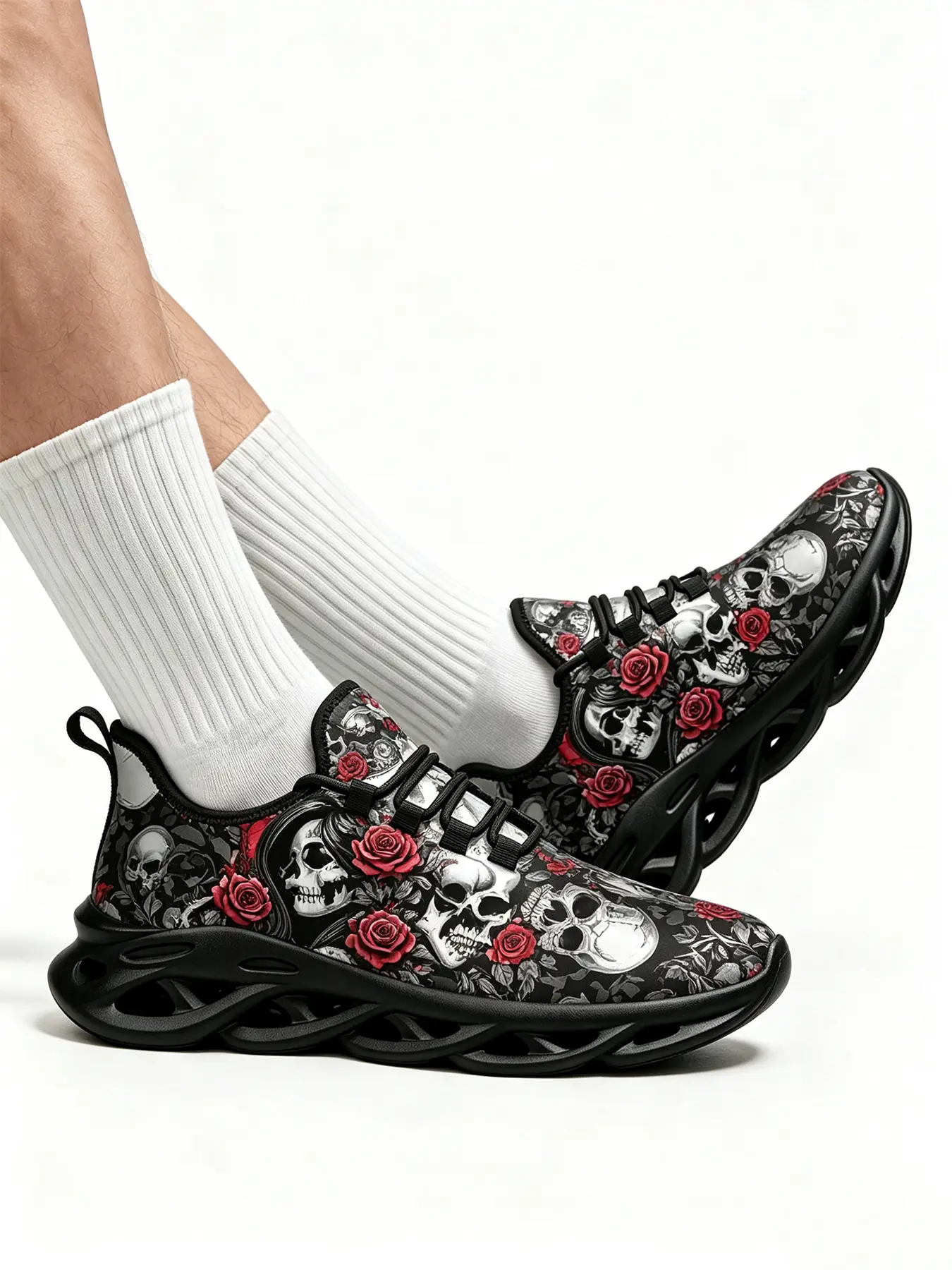 Punk Gothic Skull & Red Rose Pattern Chunky Sneakers, Breathable Mesh Lace-Up Blade Sole Walking Shoes, Dark Aesthetic Skeleton Graphic Casual Trainers for Men Women Street Style & Halloween Party