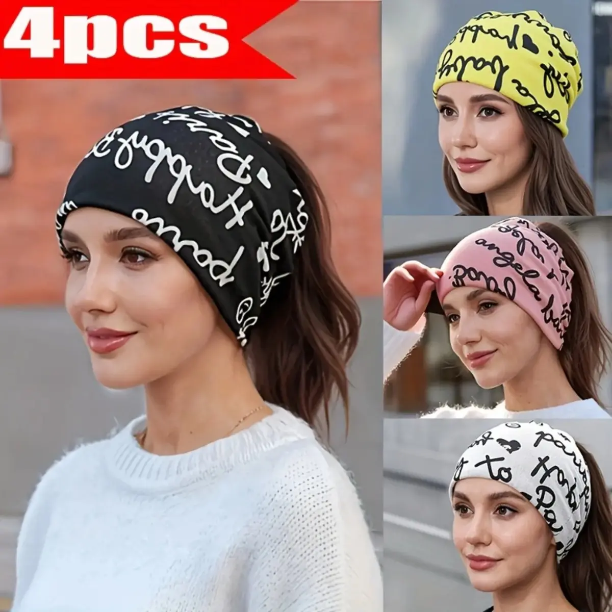 Women’s 4 Piece Brimless Beanie Set, Lightweight Stretch Skull Caps with Elastic Fit for Autumn, Winter, Daily Wear and Neck Cover Styling