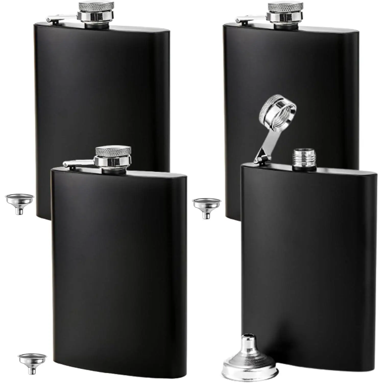 8 oz Stainless Steel Black  Flask Set Leakproof Flask with Free Bonus Funnel  Groommans or Bridal Wedding , Set of 4