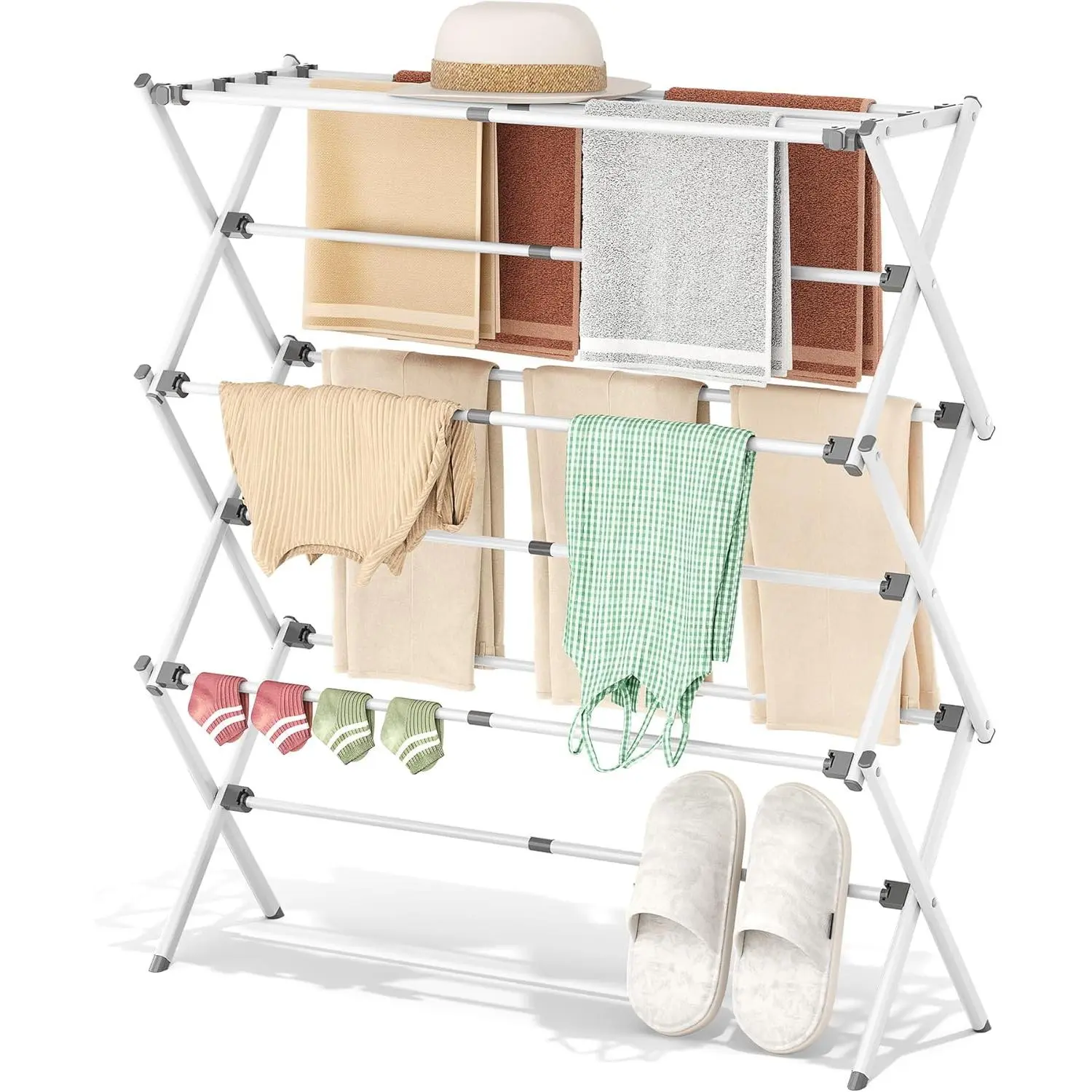 Drying Rack Clothing - 3 Tier Metal Clothes Drying Rack Collapsible, Laundry Drying Rack Expandable, Small Clothe Airer for Baby Clothes Towel Bib Sock Indoor Outdoor Use(White)