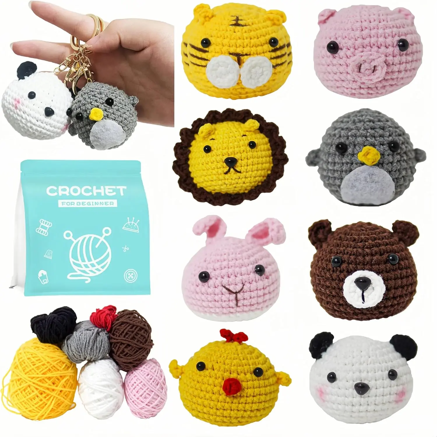 Crochet Kit for Beginners, 8  Crochet  Knitting Kit, with Key Chain, Beginner Crochet Kit for Adults with Step-By-Step Video Tutorials and Yarns, Hook, Accessories