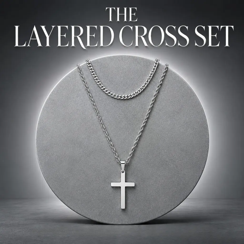 Men's Layered Cross Necklace, 316L Stainless Steel Adjustable Double Cuban & Rope Chain, Hypoallergenic Water-Resistant Pendant Necklace, Minimalist Daily Casual Jewelry, Ideal Gift for Men (45cm-48cm Stackable)