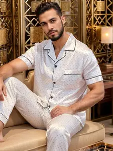 Summer Men's Short Sleeve Long Pants Pajama Set, Dot Pattern Ice Silk Comfortable Home Wear, Loungewear, New Two-Piece Kit with Button Front