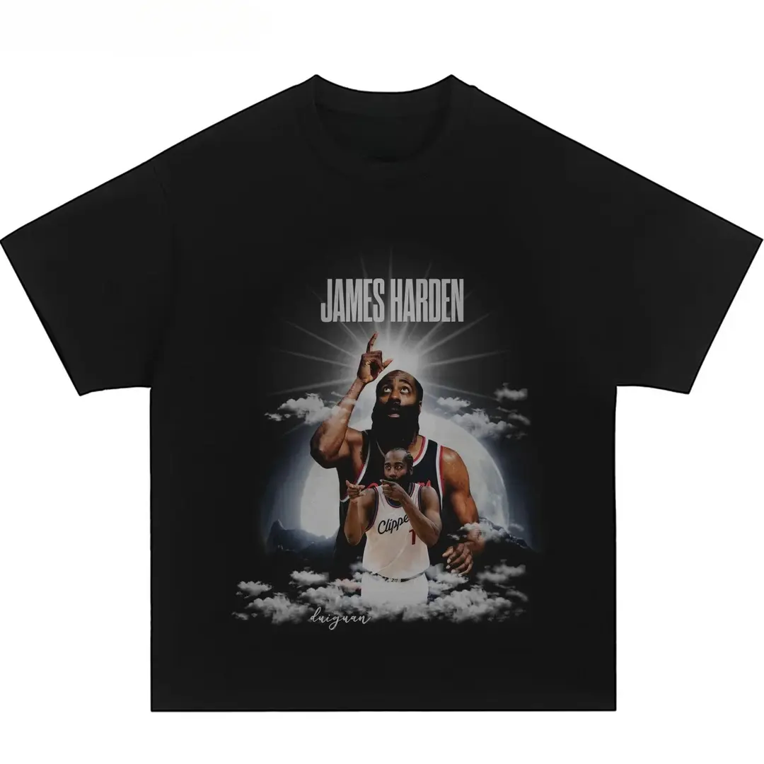 Men's Unisex 90s Vintage James Harden Graphic Short-Sleeve Black Cotton Tee, Clippers Star Collage Art Outdoor Casual Graphic Tee, 100% Cotton Soft Loose Oversized Streetwear Top for Basketball Lovers
