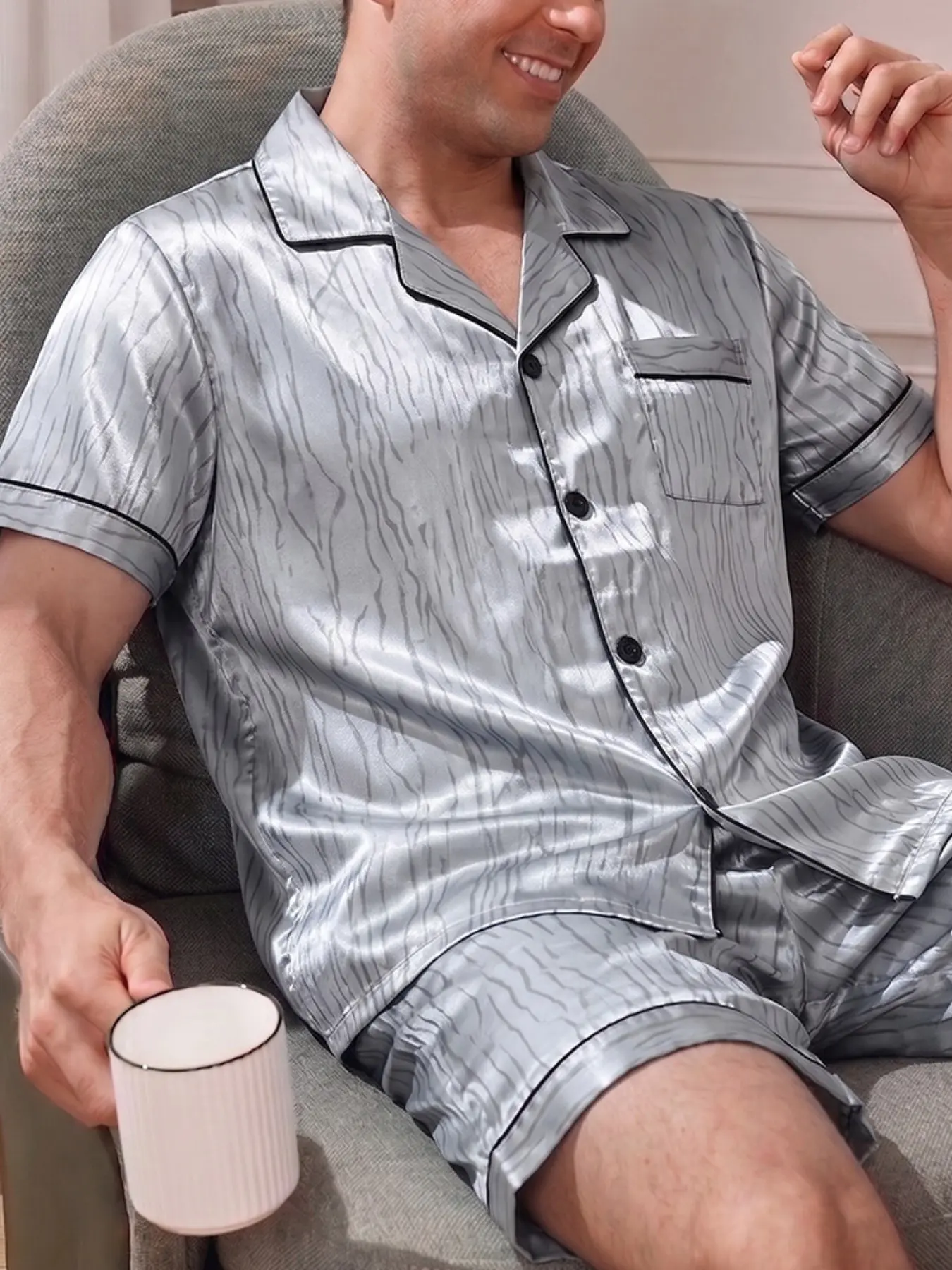 Men's Casual Pajama Set, Tree Bark Texture Print, Short Sleeve & Shorts, Button Front, Comfortable Daily Sleepwear, Night Sleepwear, Fashion Home Clothes, Loungewear, Collared Pajamas