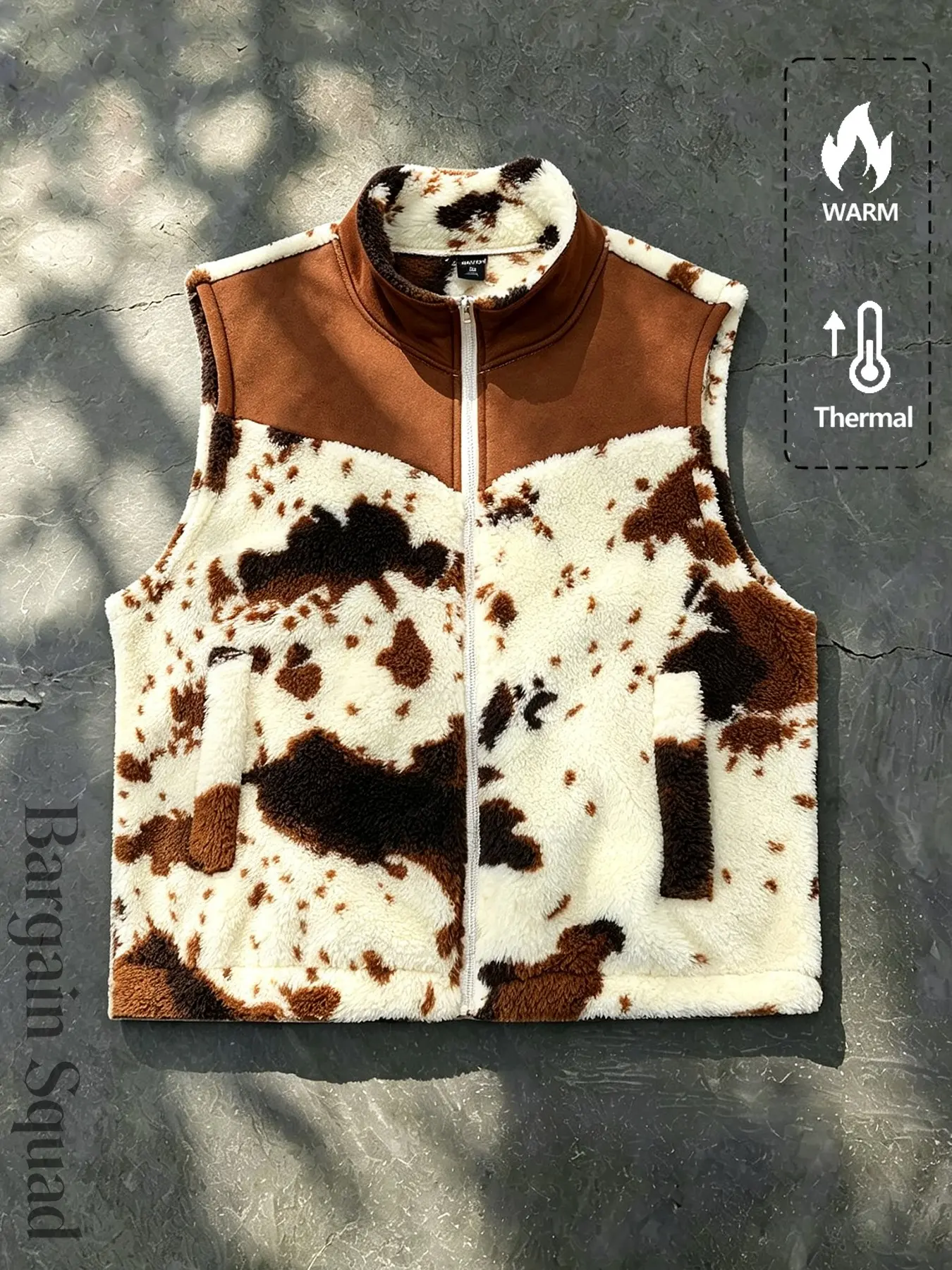 Unisex Faux Fur Vest, Cow Print Patchwork Backless Jacket, High Neck Sleeveless Outerwear, Western Street Style, Warm Layered Top