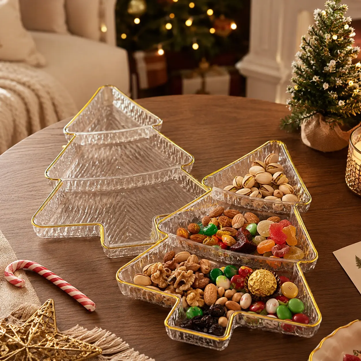 2 Piece Christmas Tree Shape Candy Fruit Tray, Creative Holiday Snack Holder, Perfect for Family Parties and Table Decorations