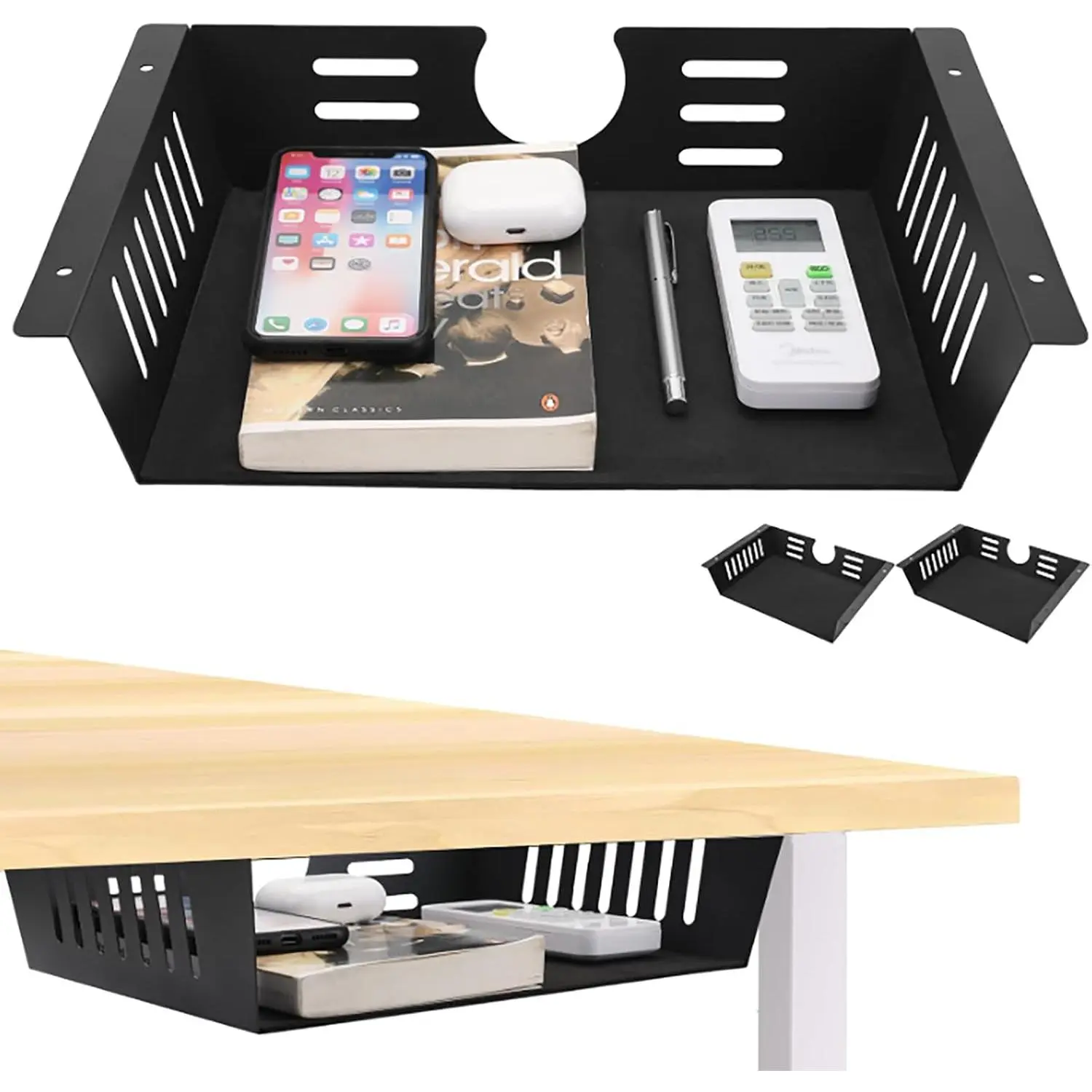 2 Pack Under Desk Shelf - Under Desk Storage Shelf Metals,Under Desk Organizer - Black Under Shelf Storage for Office Tables & Workstations（11 Inch）