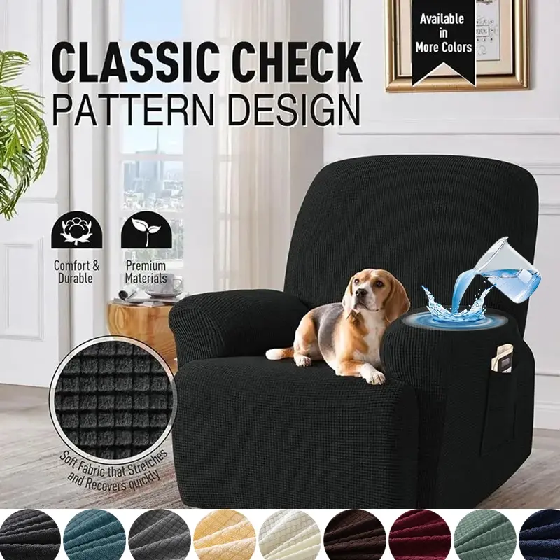 Premium Corn Fleece Waffle Recliner Cover, Covers for Recliners, High Stretch Spandex Reclining Chair Slipcover, Stretch Furniture Protectors with Side Pocket, Anti-Slip Elastic Bottom, Machine Washable Furniture Protector for Kids & Pets