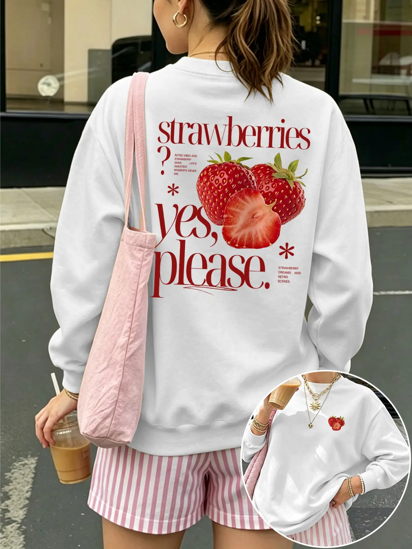 Women's Casual Loose Round Neck Pullover, Strawberry Letter Print, Soft Warm Fabric, Fashion Simple Style, All Season Versatile Top