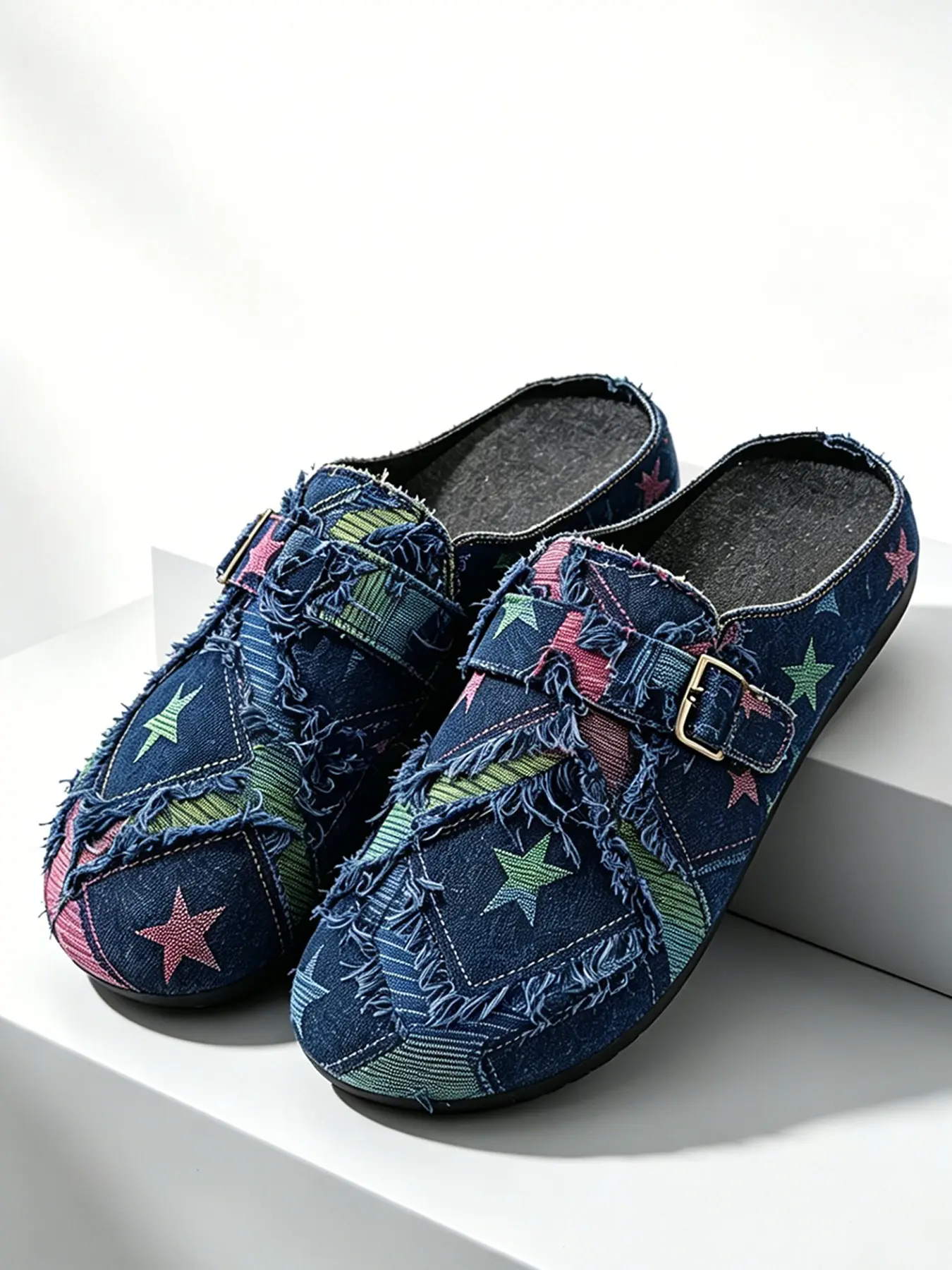 Men Vintage Frayed Patchwork Denim Mule Slides All Over Star Print Adjustable Buckle Flat Outdoor Daily Shoes