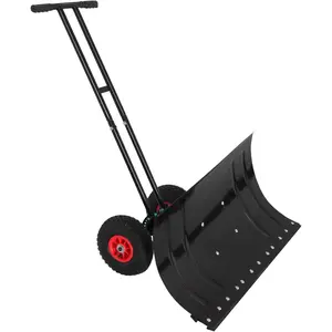 Wheel Snow Shovel for Driveways, Personal Snow Pusher with Wheels, Adjustable Plow Angle, Ergonomic Handle, Heavy Duty 29.1inch x 14.1inch Blades, Double Pole Plow Shovel, Black