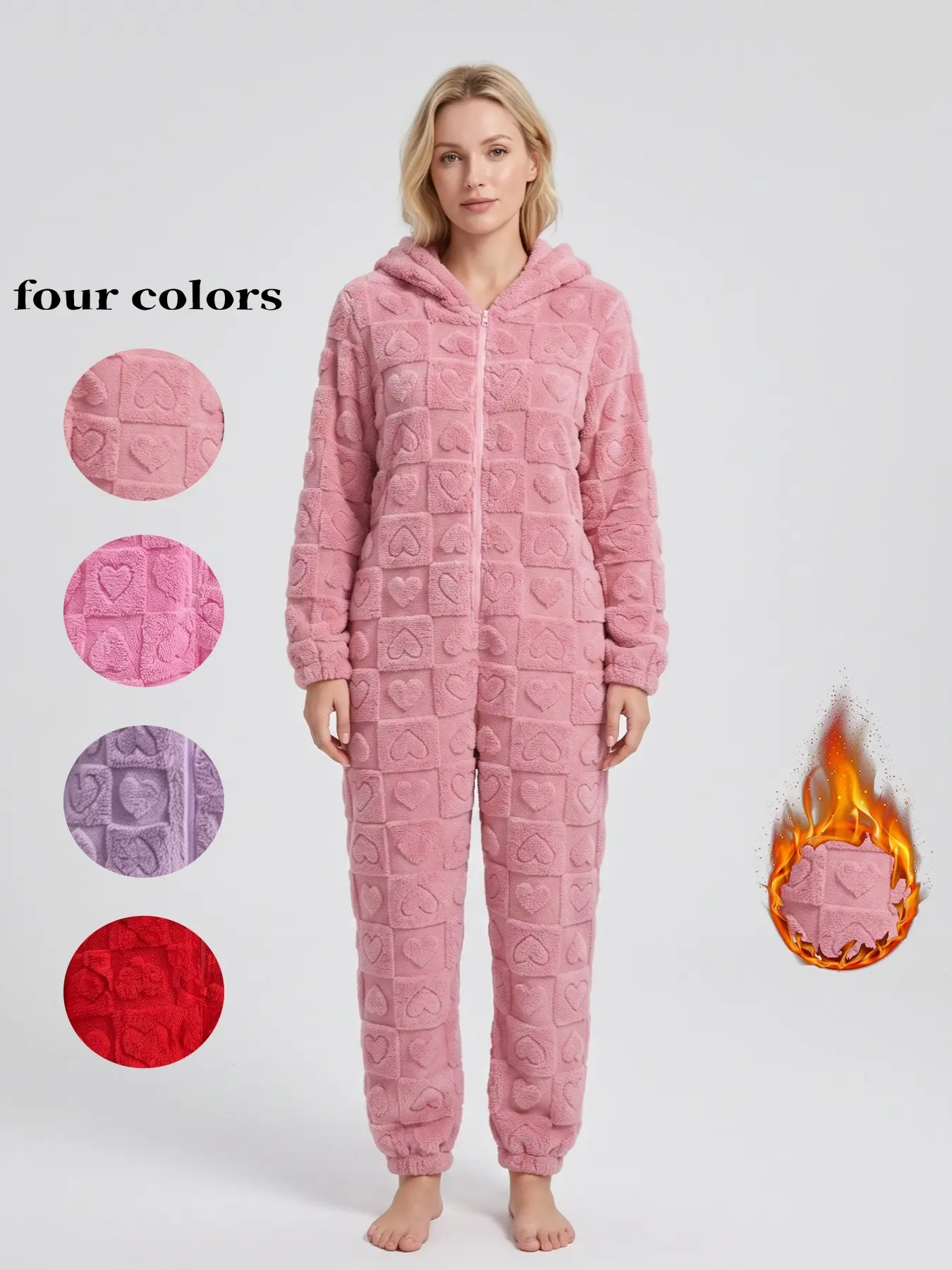 Women's Cute Plaid Heart Pattern Fleece One-Piece Pajama Set, Hooded Ears Front Zipper Thickened Sleepwear Loungewear, Fall & Winter Comfortable Home