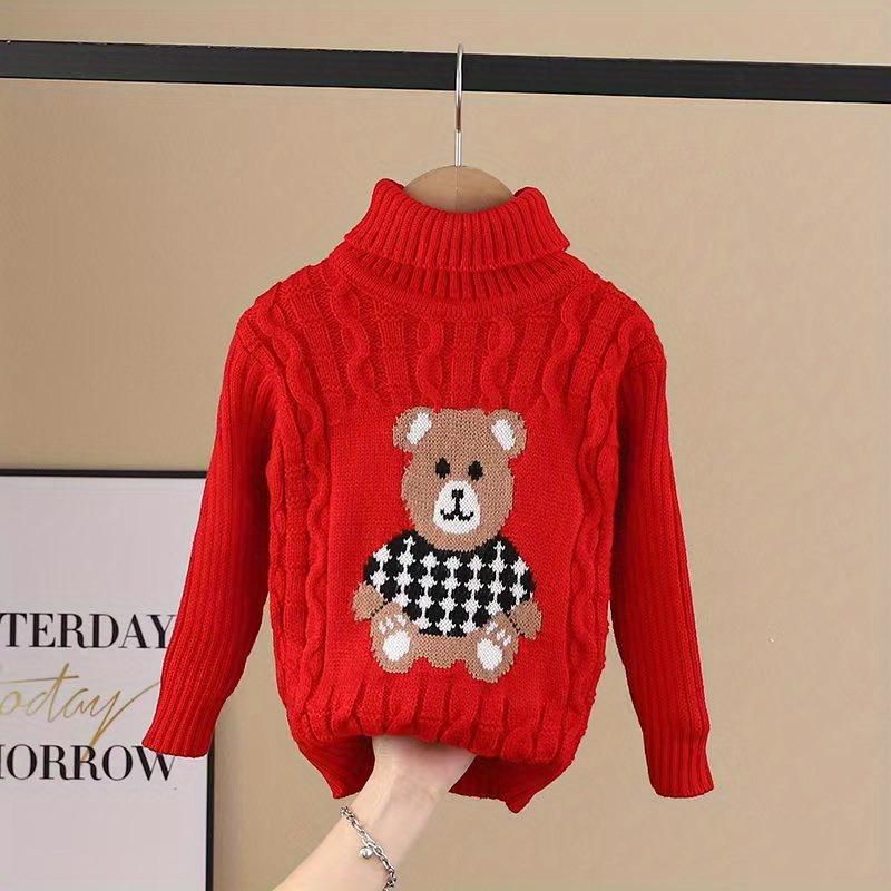 1pc Kids Cartoon Bear Turtleneck Sweater - 100% Acrylic Knit Fabric, Casual High Neck, Skinny Fit, Long Sleeve, Regular Length - Boys and Girls Fall/Winter Pullover Sweater
