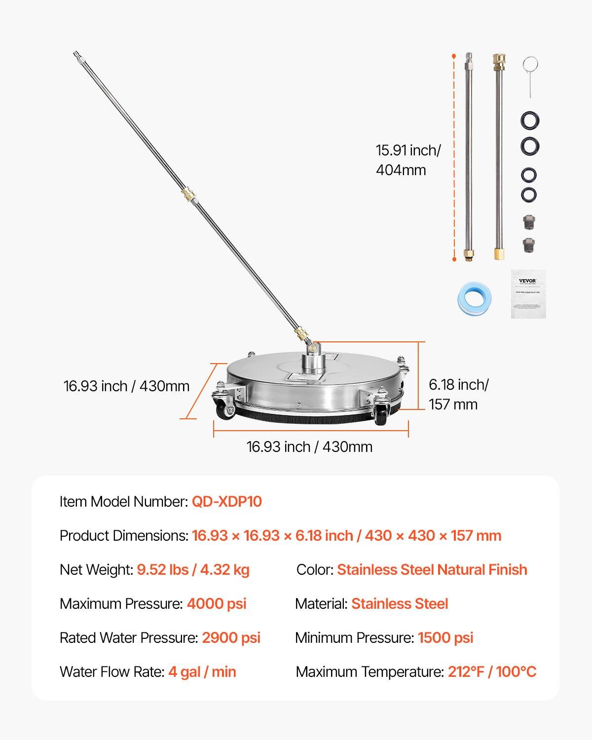 VEVOR 16.5" Pressure Washer Surface Cleaner, Stainless Steel Pressure Washer Attachments with 4 Wheels, 4000 Max PSI, 1/4 Quick Connector, 2 Spray Nozzles, 2 Extended Wands for Concrete, Patio, Deck
