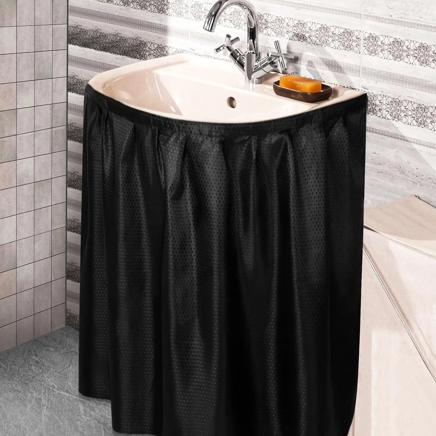 Classic & Modern Polyester Sink Skirt Curtain, Self-Stick Adhesive Bathroom Under-Sink Cover, 55x32 Inch, Enhances Bathroom Storage (Black)