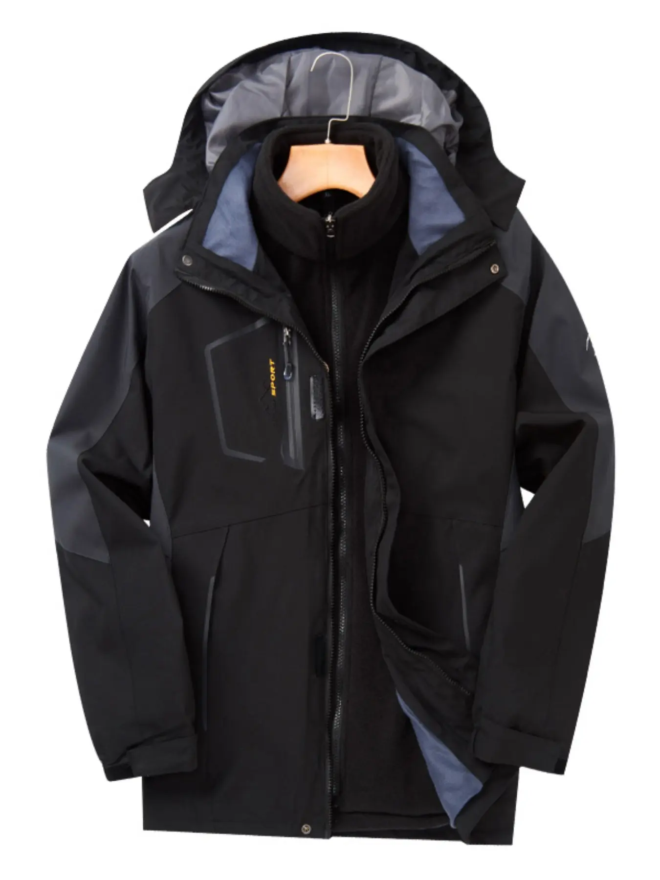 Men's Winter Snow Jacket Three-In-One Hooded Warm Coat, Outdoor Sports Outerwear, Detachable Fleece Lining, Waterproof Windproof Durable, Ideal for Hiking Camping Skiing