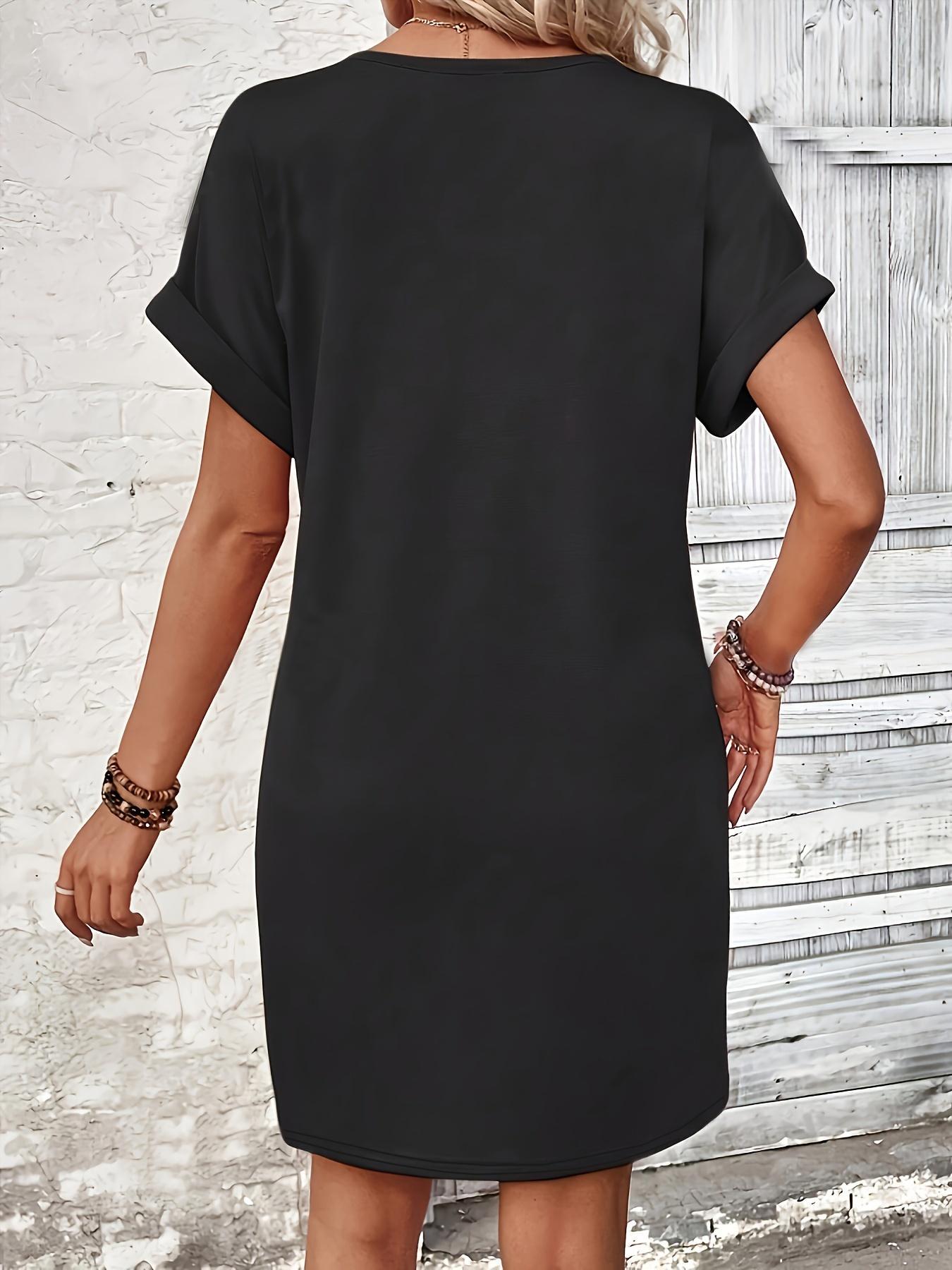 Women's Plain Button V Neck Tee Dress, Casual Chic Outfit Short Sleeve Batwing Sleeve Short Dress for Summer, Fashion Women's Dress, Casual Wear