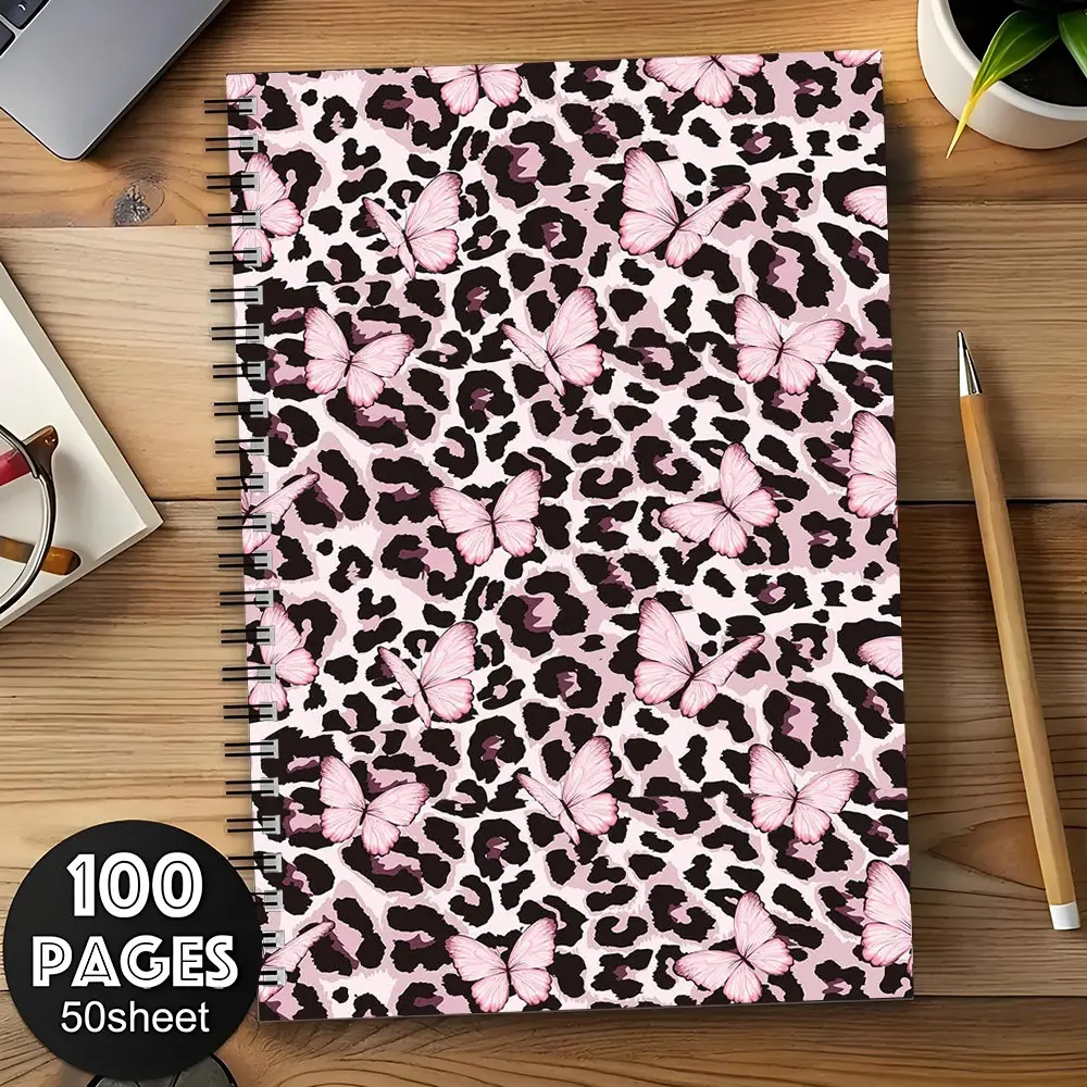 A5 Spiral Notebook 100 Pages 50 Sheets Y2K Pink Leopard Print Butterfly Pattern Journal Aesthetic Journaling Scrapbooking Stationery School Supplies Trendy Gift for Girls Teens Students Cute Stationery Supplies
