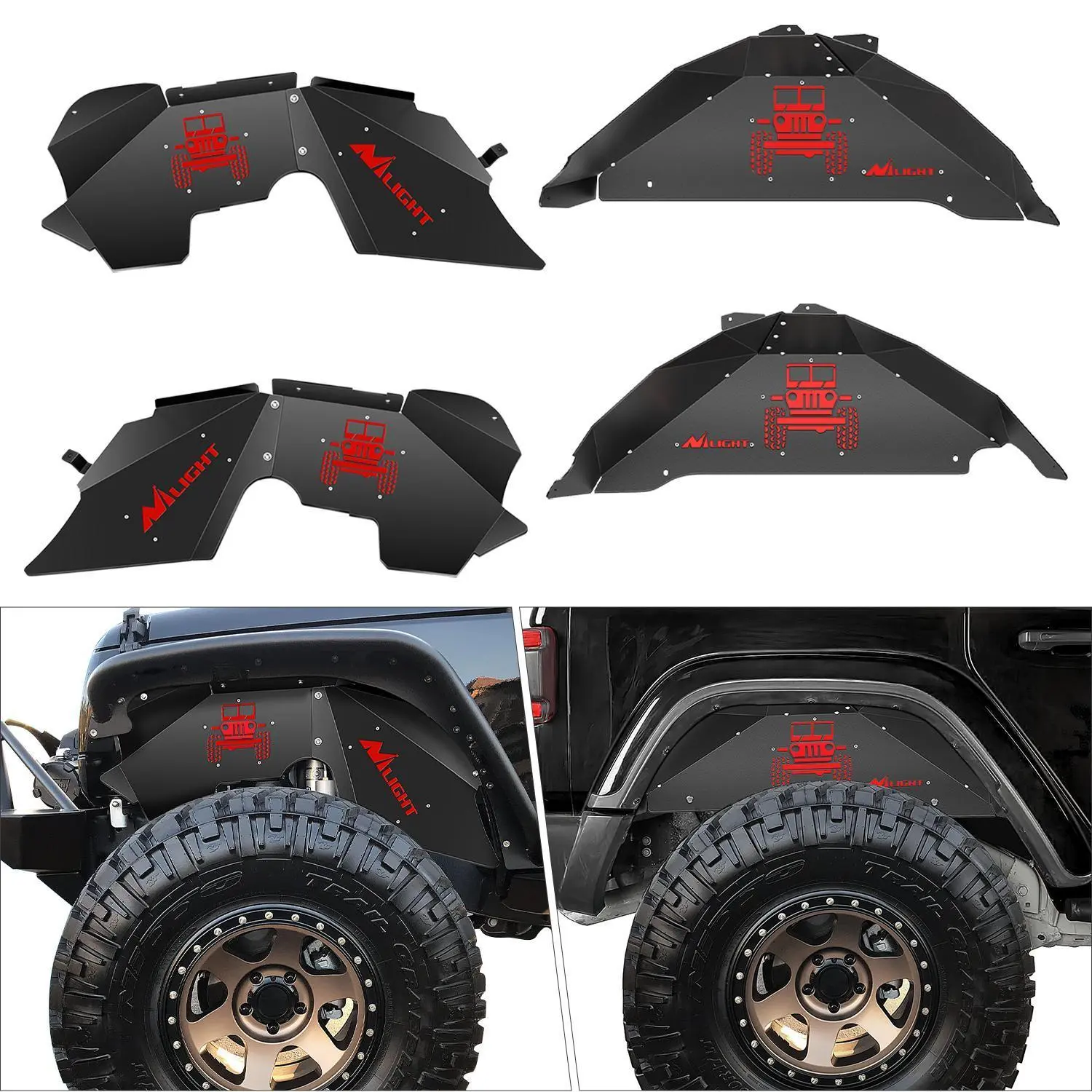Nilight Metal Front & Rear Inner Fender Liners Wheel Well Guard for 2007-2018 Wrangler JK JKU 4WD, 2-Door/4-Door Fit, Bolt-On Easy Installation, Total Protection, Powder Coated with Instructions